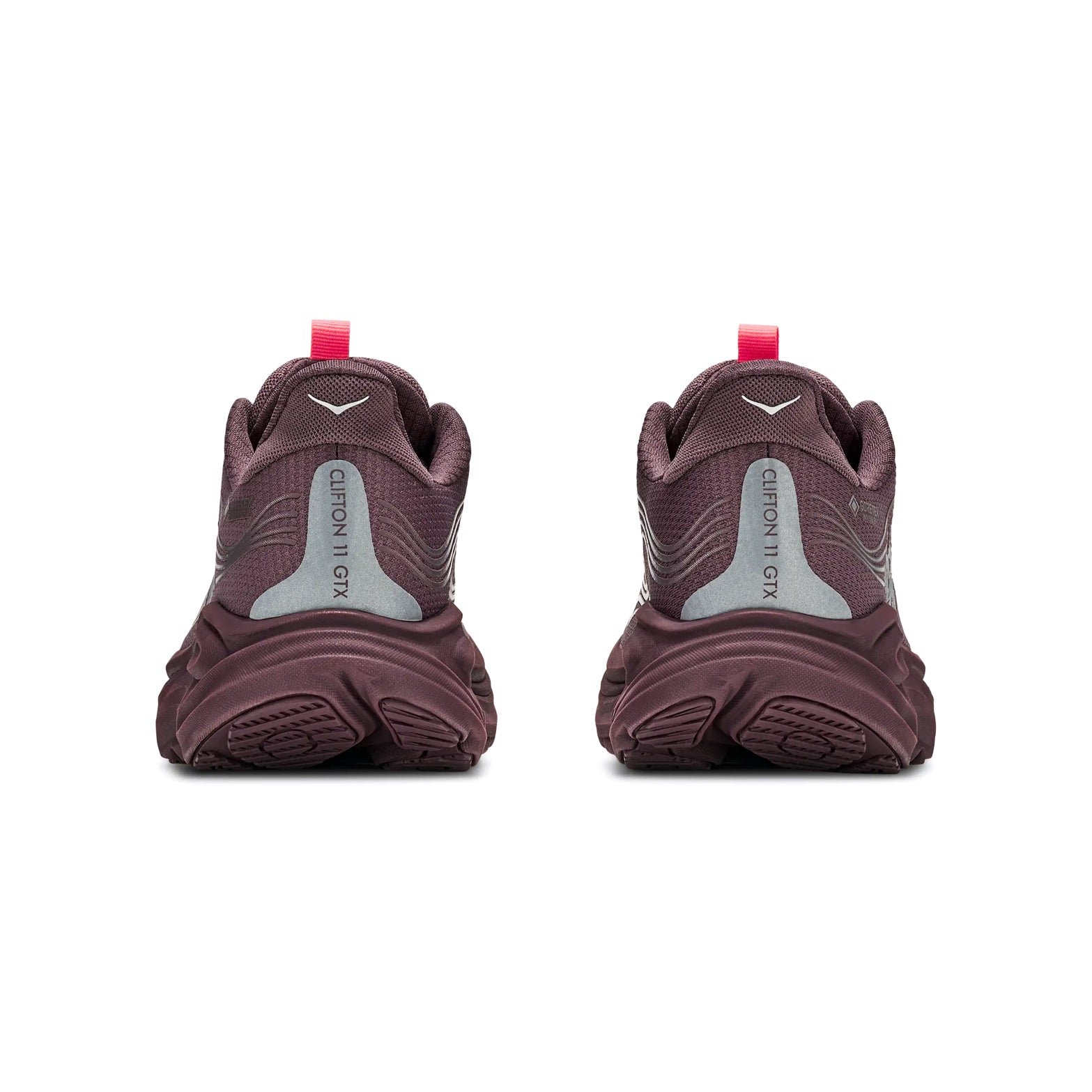 Shown from the back, this pair of Hoka Women’s Clifton 11 GORE-TEX Running Shoes in Smoky Quartz / Deep Mauve displays “CITICON GTX” on the heels and features pink pull tabs—these stylish sneakers offer all-weather performance and protection.