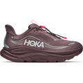 A side profile image of the Hoka Women’s Clifton 11 GORE-TEX Running Shoes in Smoky Quartz / Deep Mauve showcases the white logo, GORE-TEX label, thick cushioned sole, breathable mesh upper, and pink lace accents against a white background. These waterproof running shoes offer advanced protection along with Hoka’s signature comfort and style.