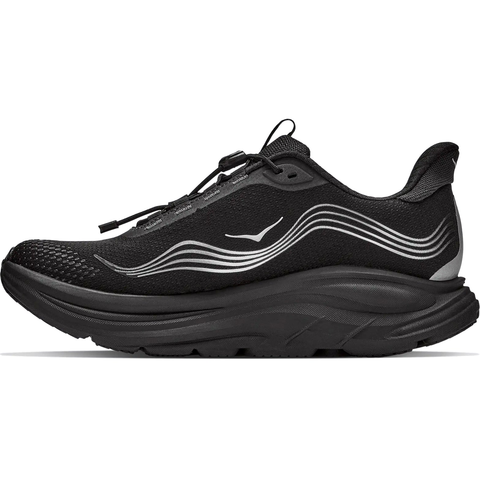 The Hoka Women’s Clifton 11 GORE-TEX Wide Fit Running Shoes in Black/Black feature a thick sole, wavy silver side accents, and a quick-lace system, displayed in profile against a white background.