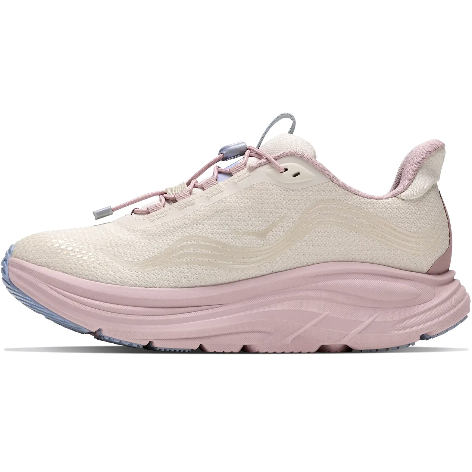 Introducing the Hoka Women’s Clifton 11 Glimmers GORE-TEX Running Shoes in Alabaster / Pink Opal—a stylish waterproof running shoe featuring a thick, cushioned sole with responsive EVA cushioning, a wavy side texture, and an easy toggle lace system. Perfect for those seeking both comfort and style.