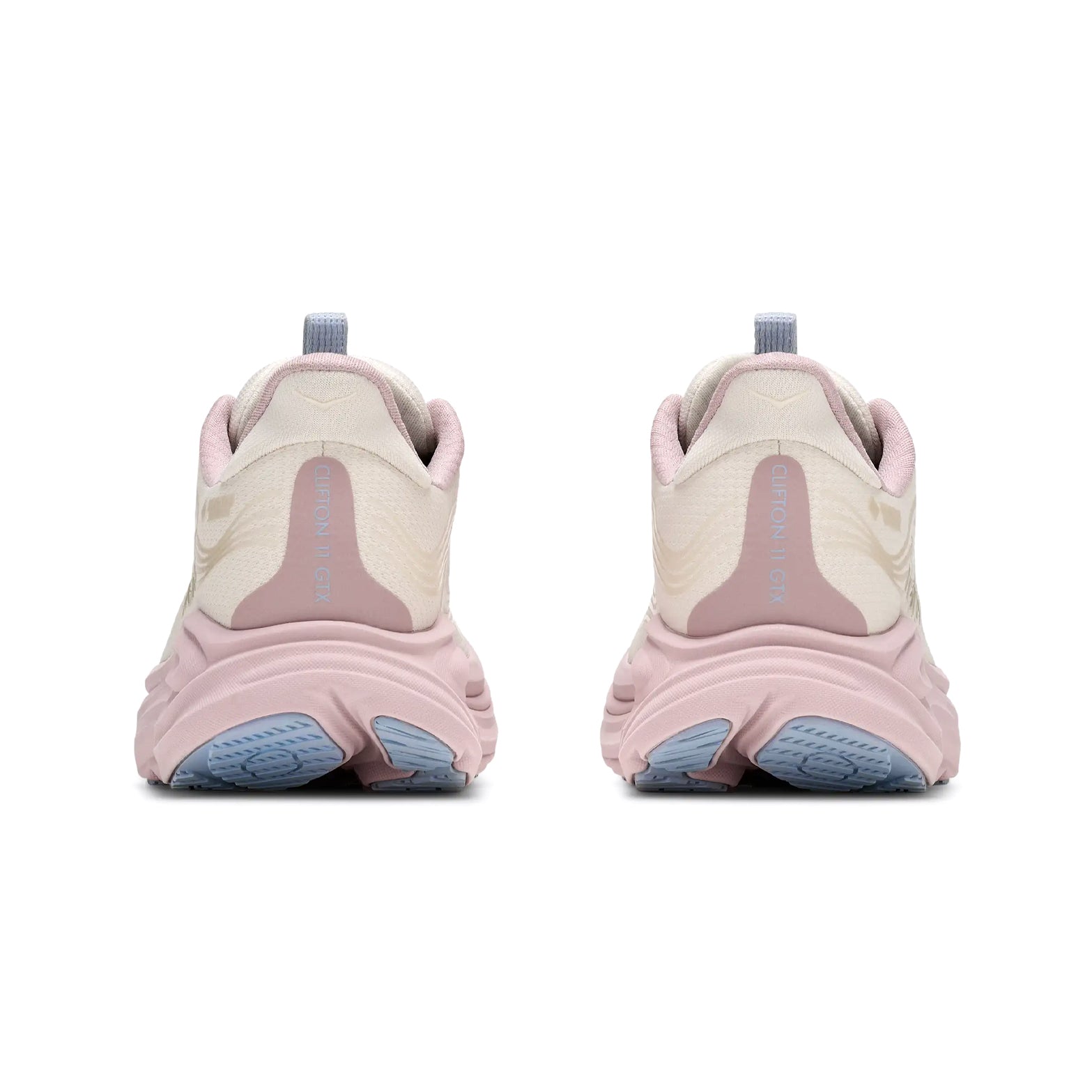 A pair of Women’s Clifton 11 Glimmers GORE-TEX Running Shoes in Alabaster and Pink Opal by Hoka, viewed from the back, featuring blue accents on the soles and designed with EVA cushioning for enhanced comfort.