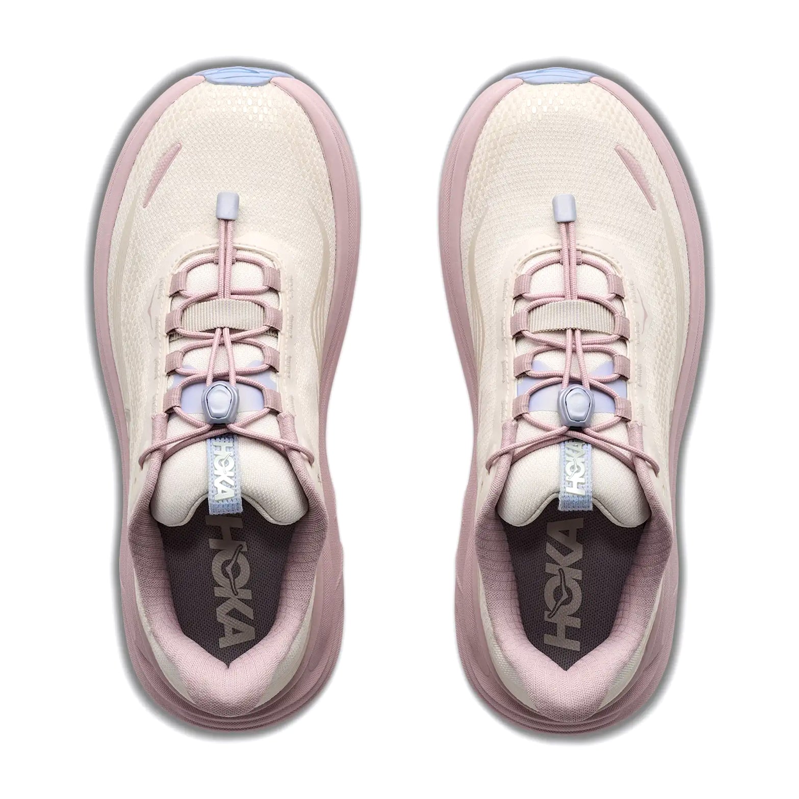 Top view of a pair of Hoka Women’s Clifton 11 Glimmers GORE-TEX Running Shoes in Alabaster and Pink Opal, featuring elastic laces with a toggle closure and plush EVA cushioning. These waterproof shoes are displayed on a white background.