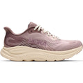 The Hoka Women’s Clifton 11 Glimmers Running Shoes in Pink Opal and Quartzite combine standout HOKA branding with a thick, cushioned sole made from compression moulded foam for superior comfort and support. Shown on a white background, these athletic running shoes blend performance-focused features with stylish design.