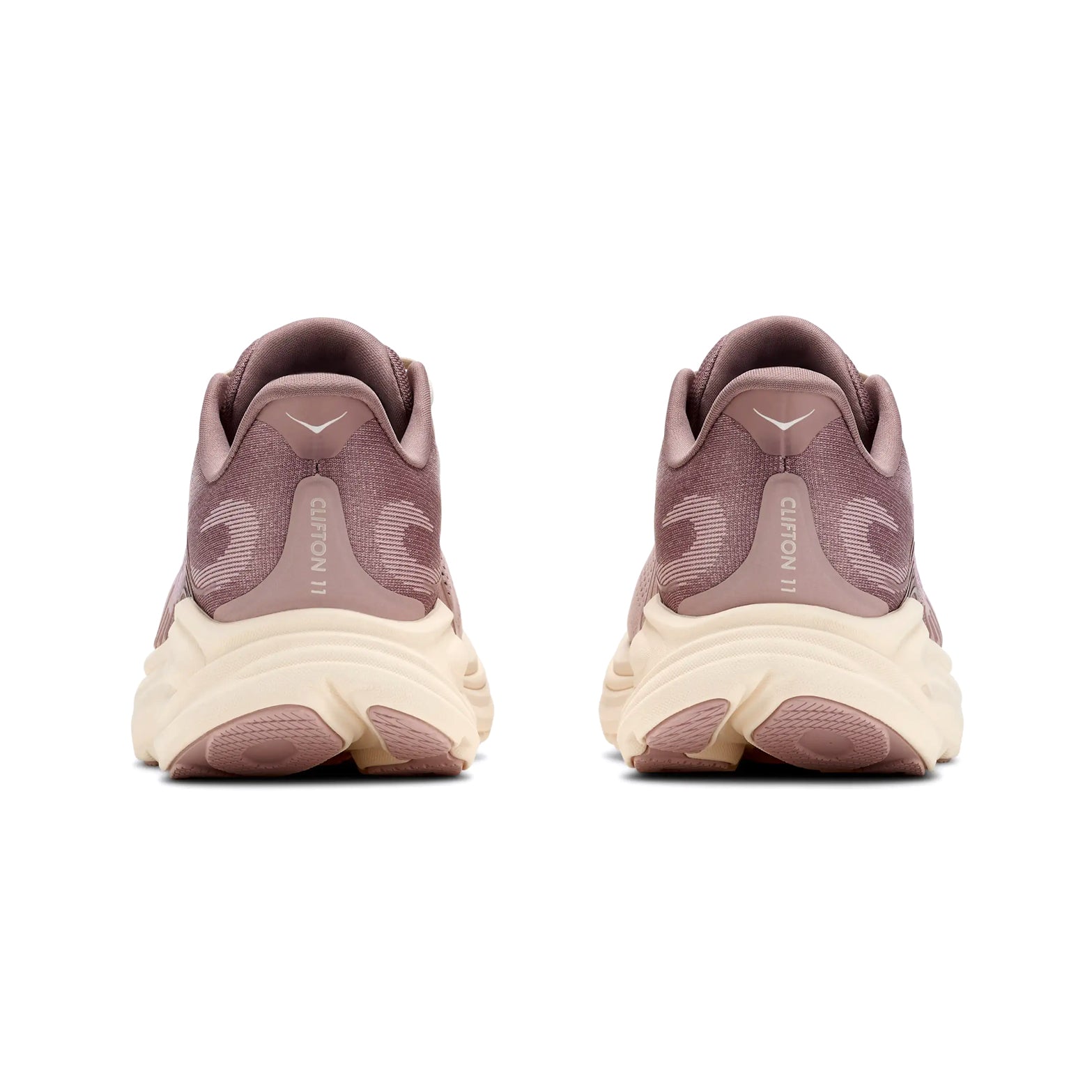 A pair of Hoka Women’s Clifton 11 Glimmers Running Shoes in Pink Opal and Quartzite, shown from the back, featuring light-colored soles made from compression moulded foam and curved design details on the heel.