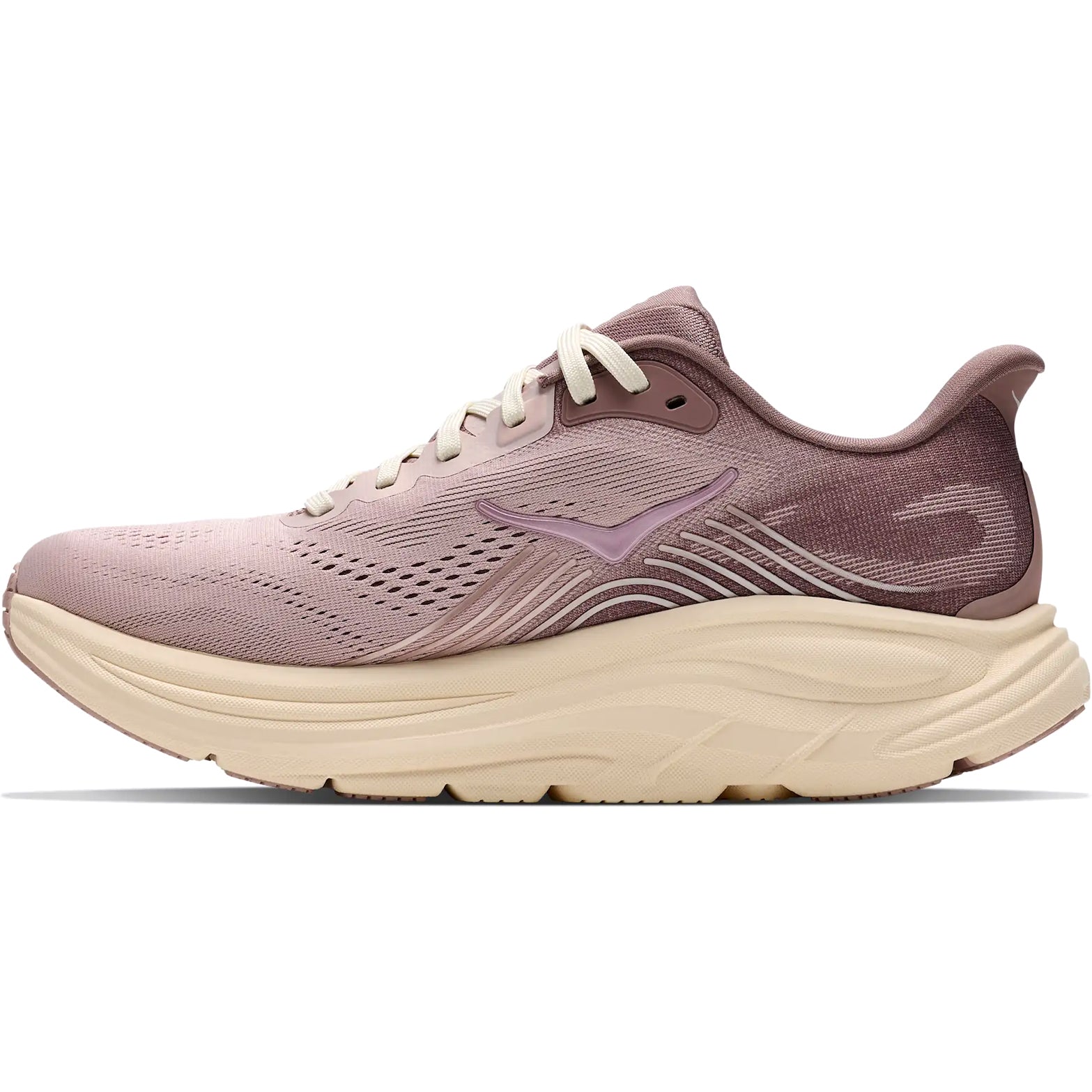 The Hoka Women’s Clifton 11 Glimmers Running Shoes in Pink Opal and Quartzite feature a mesh upper, wavy side design, lace-up closure, and a thick, textured sole made from compression moulded foam for superior comfort and support.