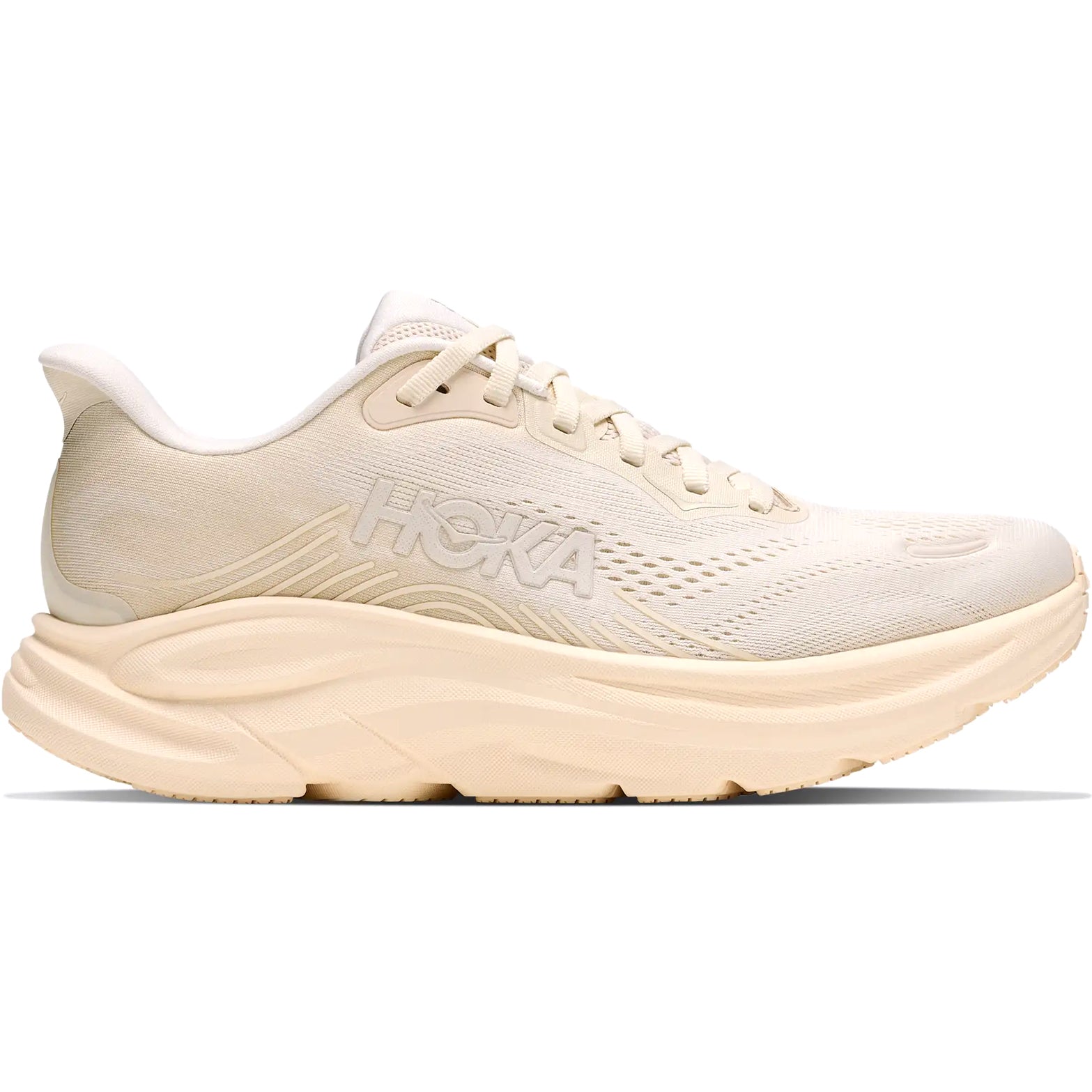 Women's HOKA Clifton 11 Running Shoes Alabaster Oat Milk outer side view showing compression moulded EVA foam with smooth MetaRocker geometry for effortless daily road running