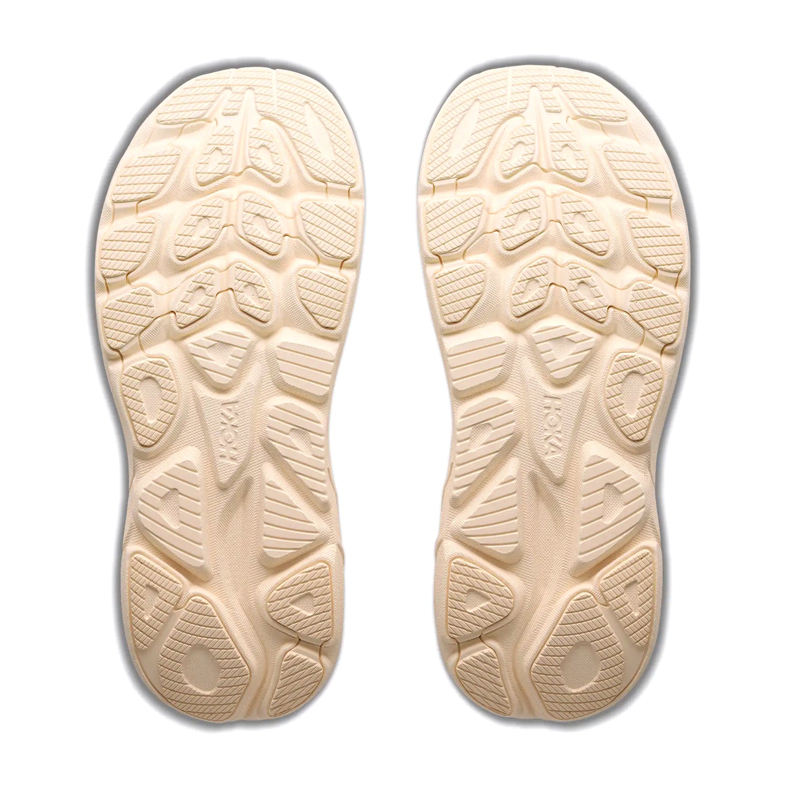 Women's HOKA Clifton 11 Running Shoes Alabaster Oat Milk sole view displaying durable abrasion rubber outsole with MetaRocker geometry for smooth transitions during daily training