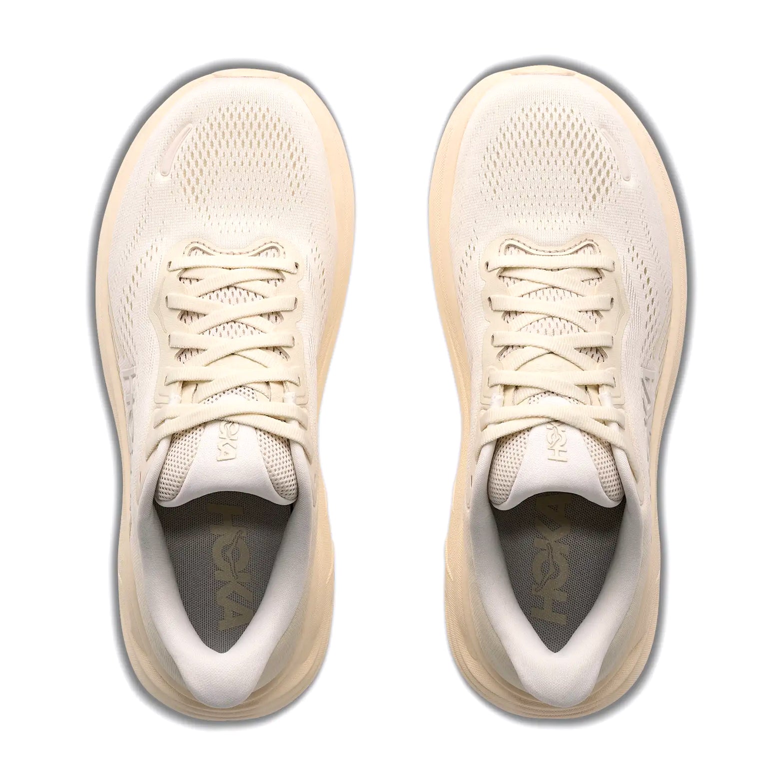 Women's HOKA Clifton 11 Running Shoes Alabaster Oat Milk top view showing elevated engineered mesh upper with 3D silicone print and tactile touchpoints for lightweight daily running