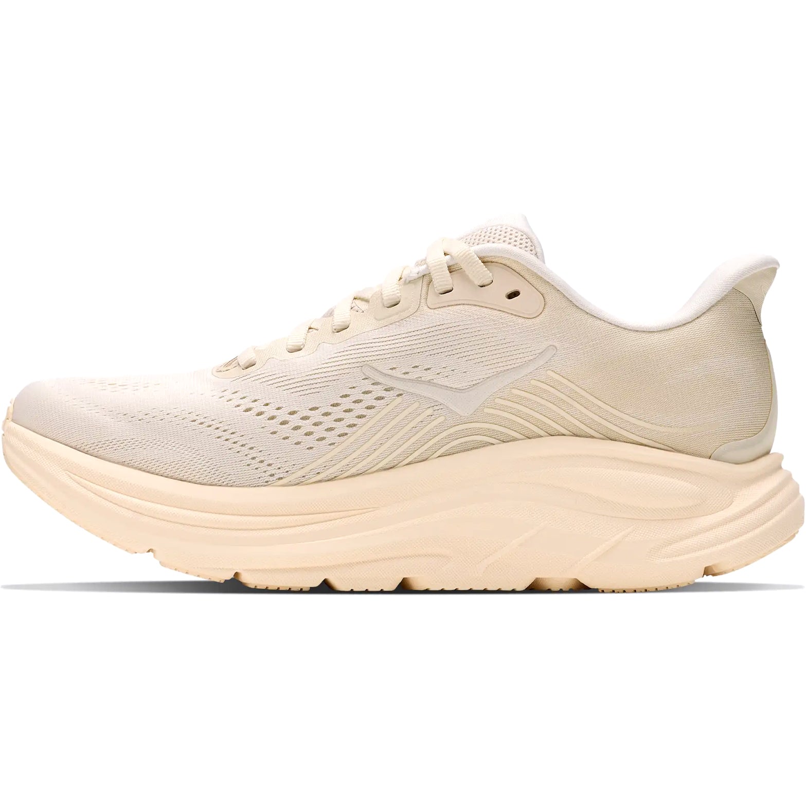 Women's HOKA Clifton 11 Running Shoes Alabaster Oat Milk inner side view showing Active Foot Frame rearfoot support with compression moulded EVA foam for comfortable daily training