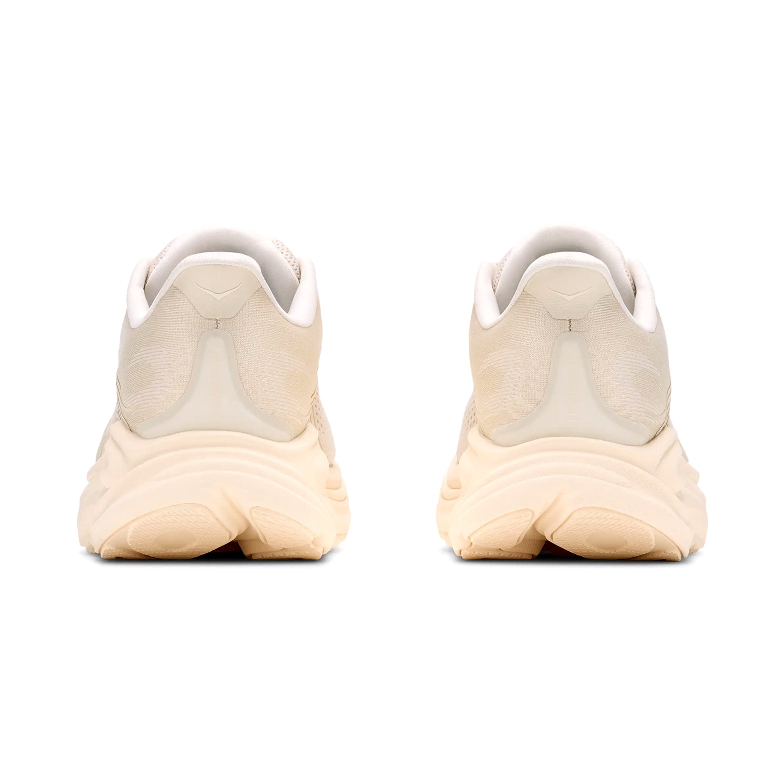 Women's HOKA Clifton 11 Running Shoes Alabaster Oat Milk heel view showing compression moulded EVA foam with Active Foot Frame for supportive plush landings during road running
