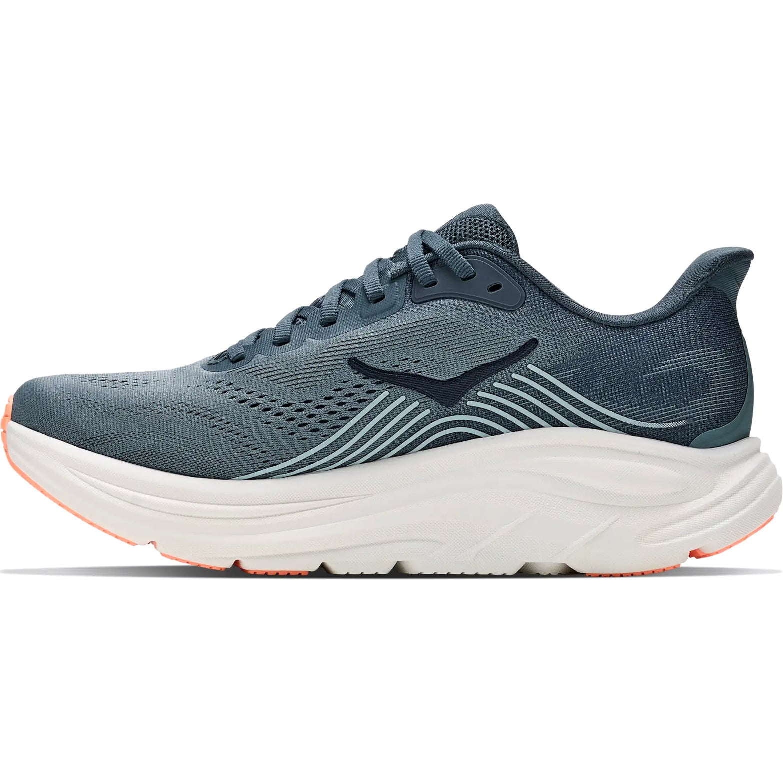 Women's HOKA Clifton 11 Running Shoes Faded Navy Glimmering Blue inner side view showing Active Foot Frame rearfoot support with compression moulded EVA foam for comfortable daily training