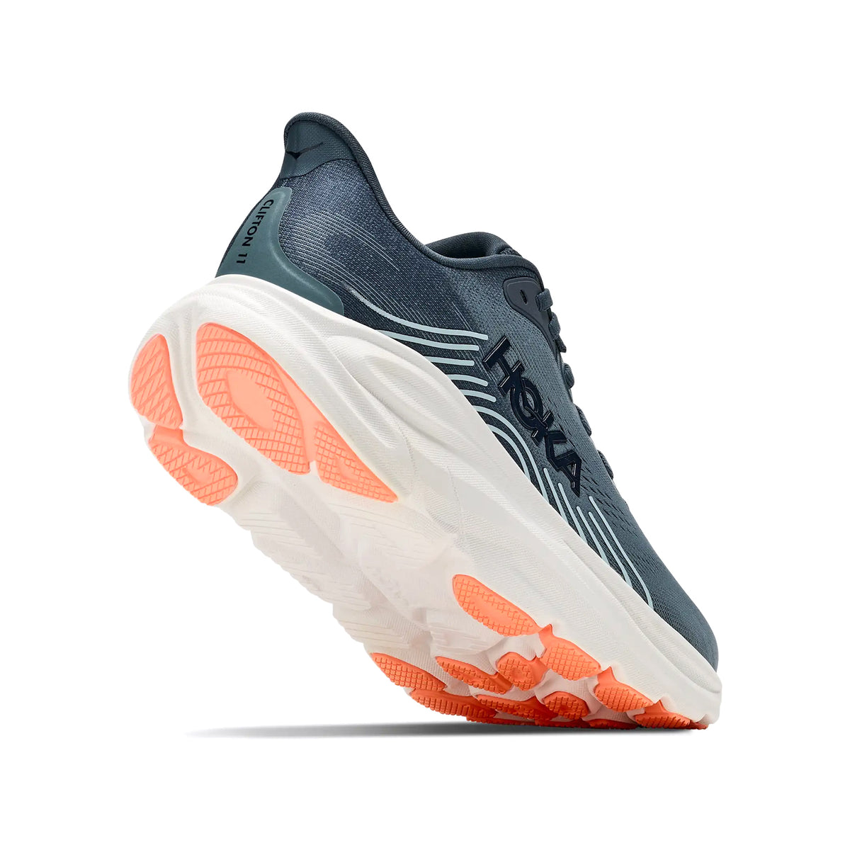 Women's HOKA Clifton 11 Running Shoes Faded Navy Glimmering Blue angled side and heel view showing compression moulded EVA foam with MetaRocker geometry and durable outsole for effortless plush daily road running