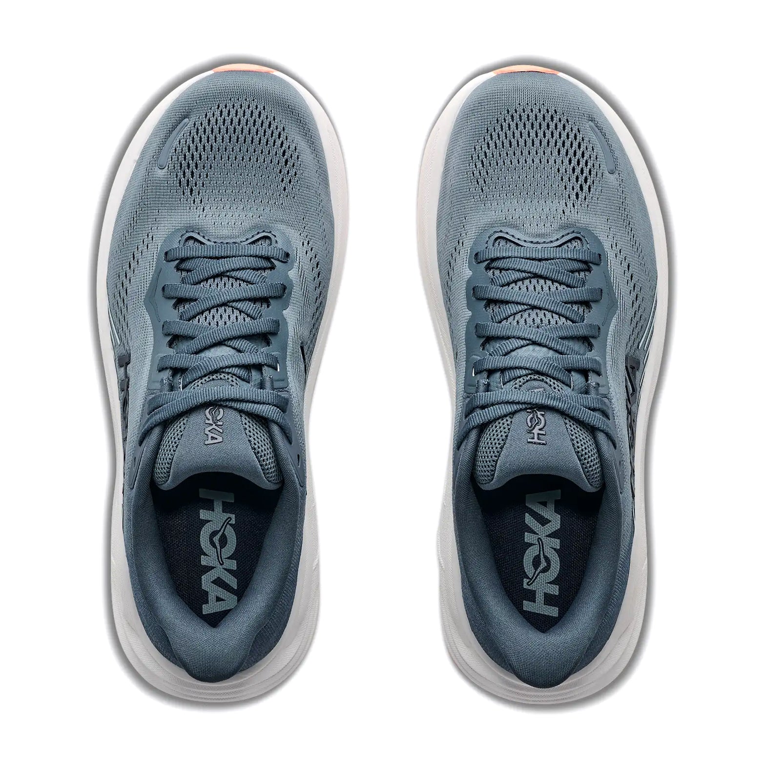 Women's HOKA Clifton 11 Running Shoes Faded Navy Glimmering Blue top view showing elevated engineered mesh upper with 3D silicone print and tactile touchpoints for lightweight daily running