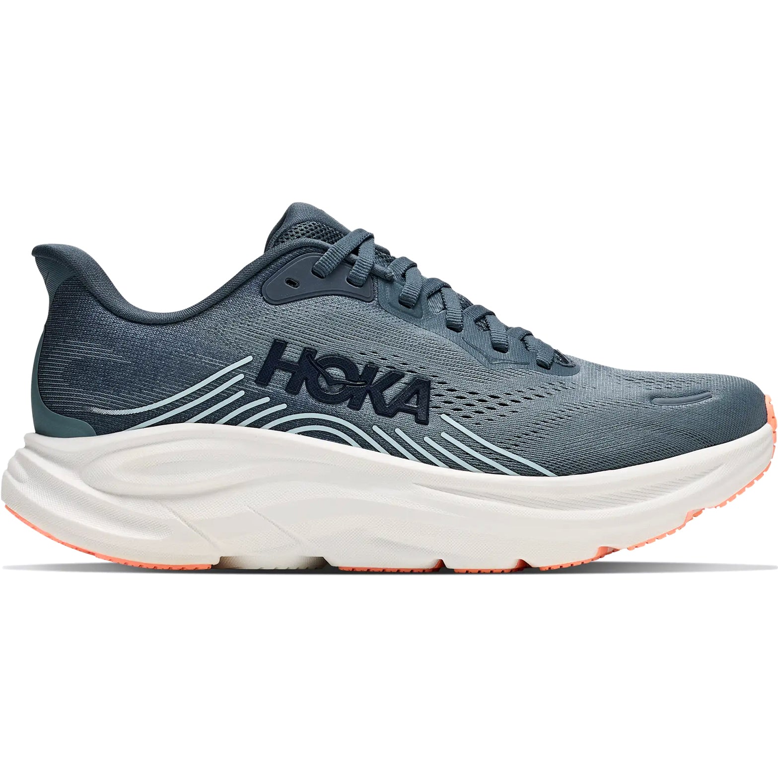 Women's HOKA Clifton 11 Running Shoes Faded Navy Glimmering Blue outer side view showing compression moulded EVA foam with smooth MetaRocker geometry for effortless daily road running