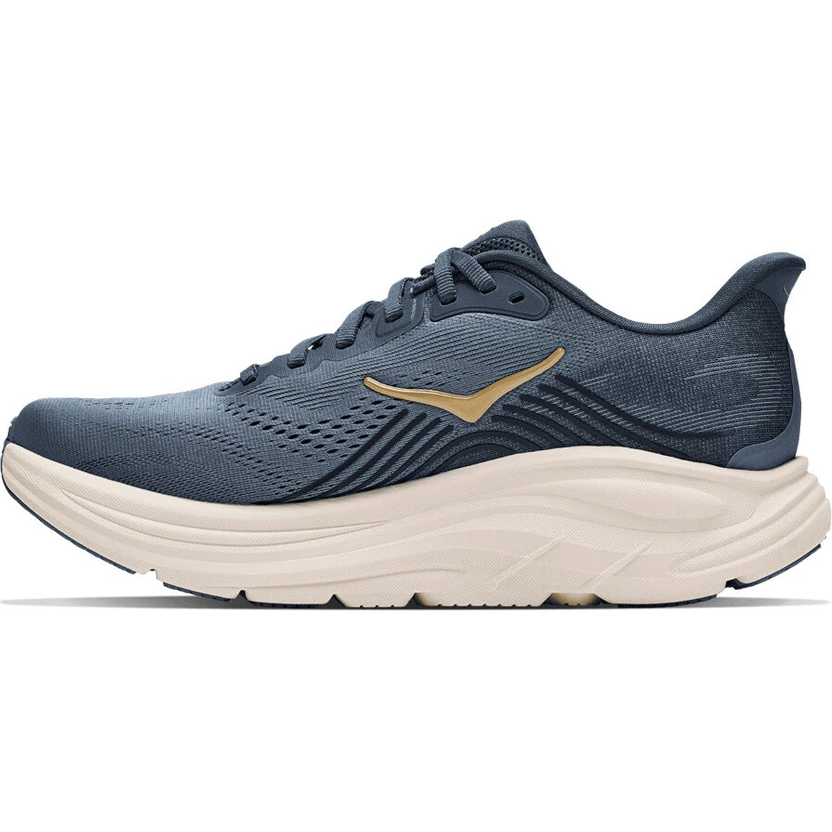 Women’s Clifton 11 Running Shoes Faded Navy / Slate Blue with a thick, pale sole and a gold logo on the side.