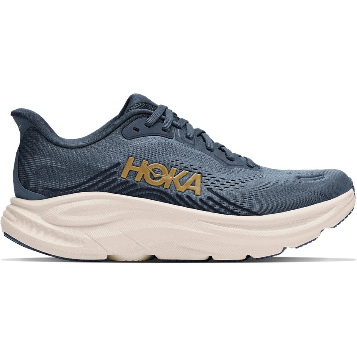 Women’s Clifton 11 Running Shoes Faded Navy / Slate Blue featuring a thick cream-colored midsole and a gold logo on the side.