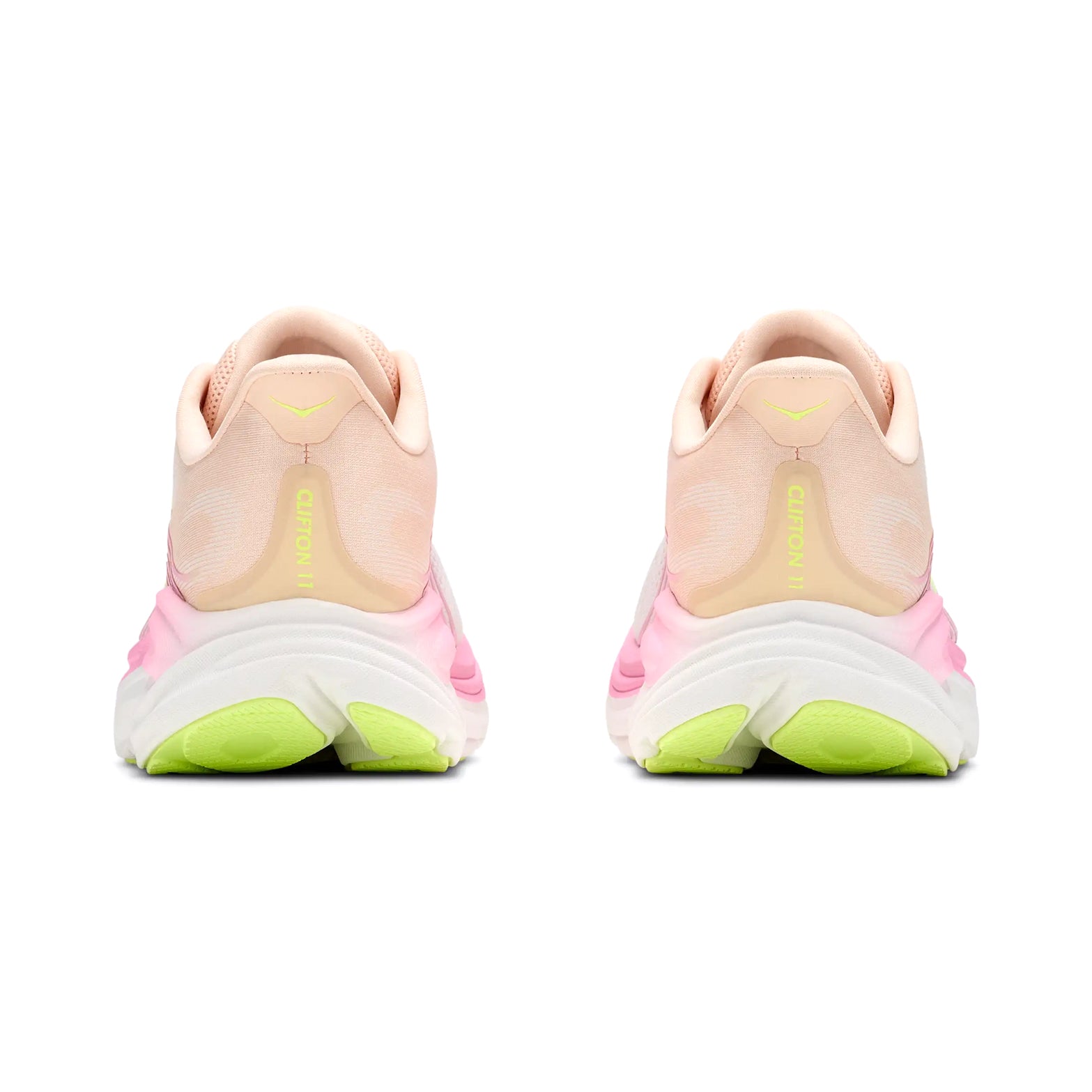 Women's HOKA Clifton 11 Running Shoes Tangerine Glow White heel view showing compression moulded EVA foam with Active Foot Frame for supportive plush landings during road running