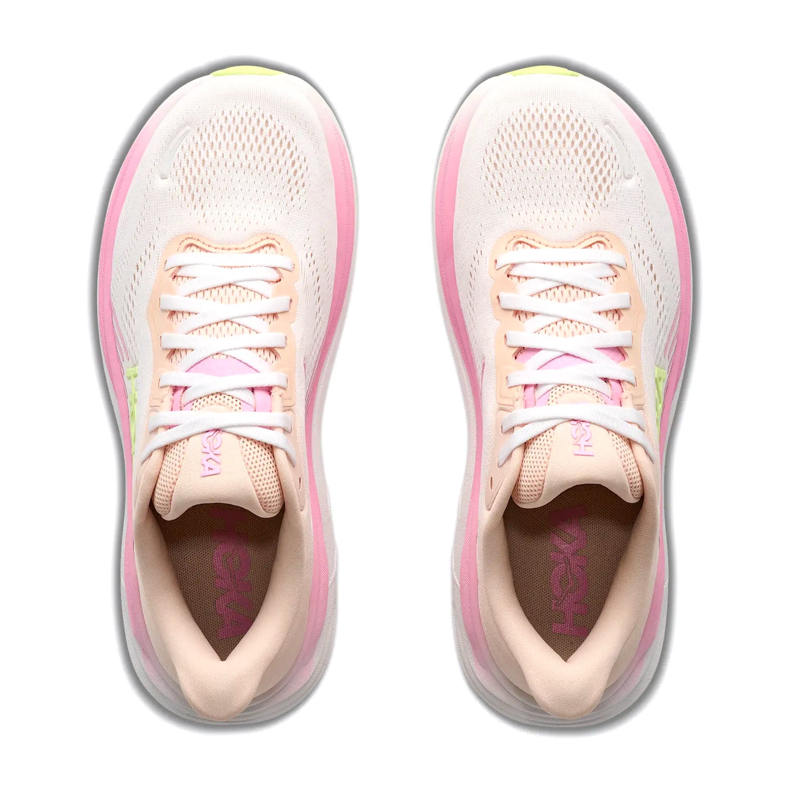 Women's HOKA Clifton 11 Running Shoes Tangerine Glow White top view showing elevated engineered mesh upper with 3D silicone print and tactile touchpoints for lightweight daily running