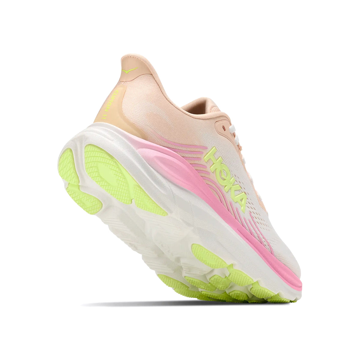 Women's HOKA Clifton 11 Running Shoes Tangerine Glow White angled side and heel view showing compression moulded EVA foam with MetaRocker geometry and durable outsole for effortless plush daily road running