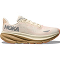 Women's HOKA Clifton 9 GORE-TEX Running Shoes Eggshell Khaki outer side view showing GORE-TEX Invisible Fit construction and creel jacquard knit upper