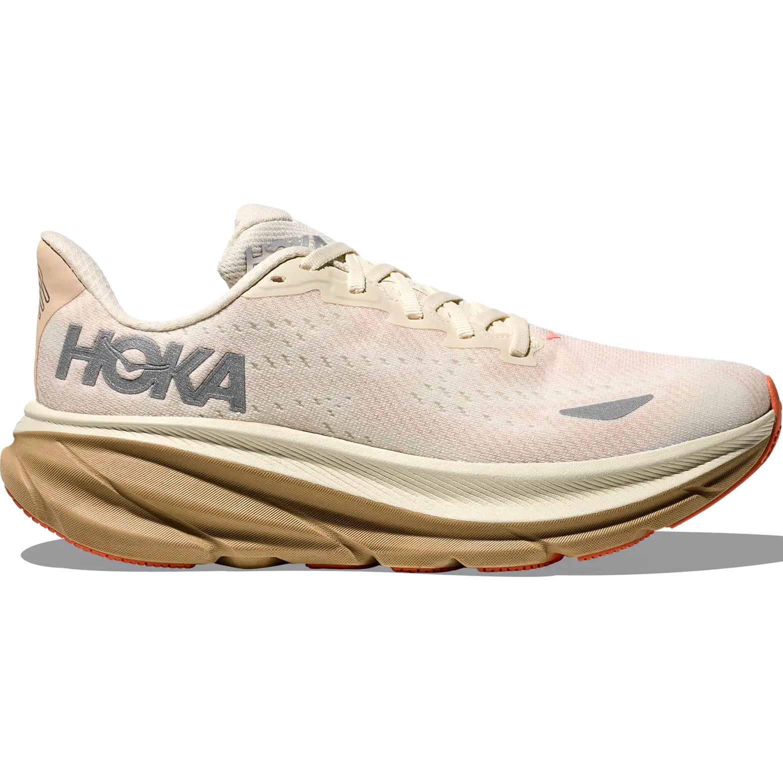 Women's HOKA Clifton 9 GORE-TEX Running Shoes Eggshell Khaki outer side view showing GORE-TEX Invisible Fit construction and creel jacquard knit upper