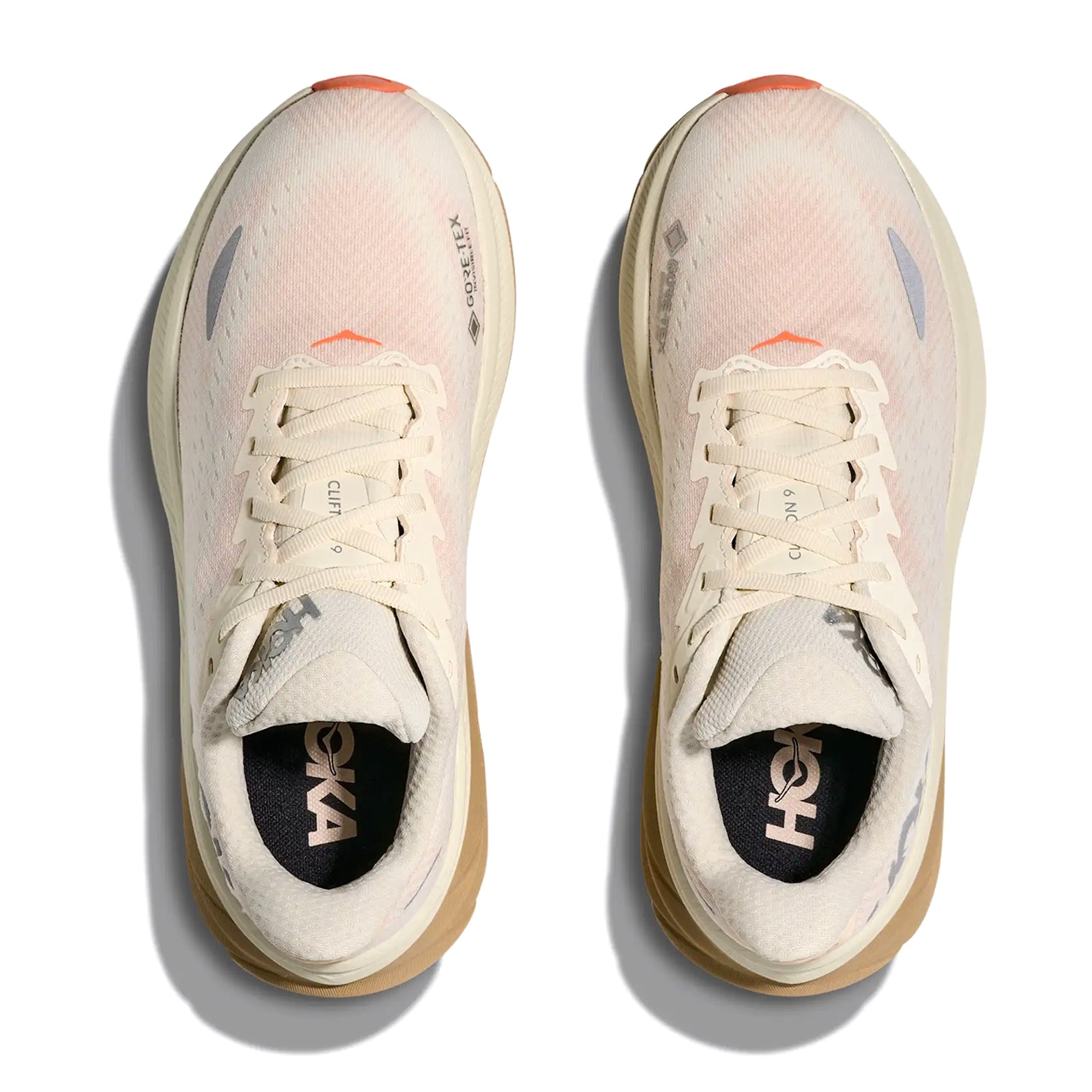 Women's HOKA Clifton 9 GORE-TEX Running Shoes Eggshell Khaki top view showing closed mesh construction with 360-degree reflectivity and recycled polyester upper