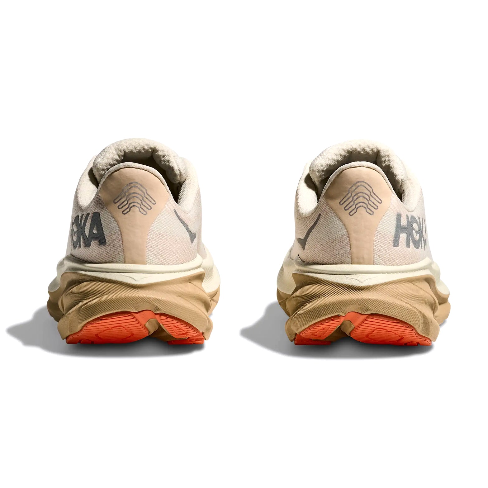 Women's HOKA Clifton 9 GORE-TEX Running Shoes Eggshell Khaki heel view showing GORE-TEX Invisible Fit and 360-degree reflective details