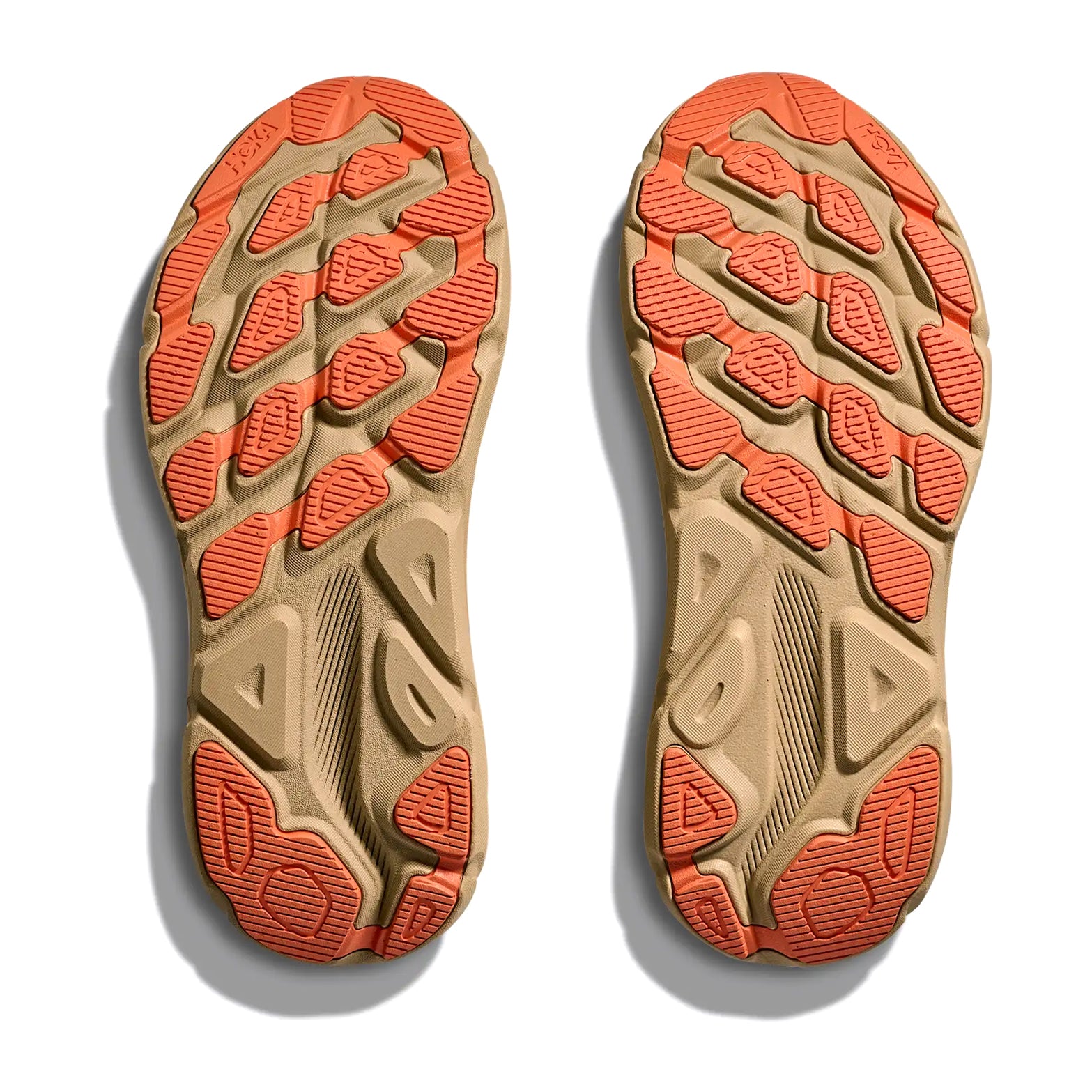 Women's HOKA Clifton 9 GORE-TEX Running Shoes Eggshell Khaki sole view displaying Durabrasion rubber outsole with weather-ready traction pods