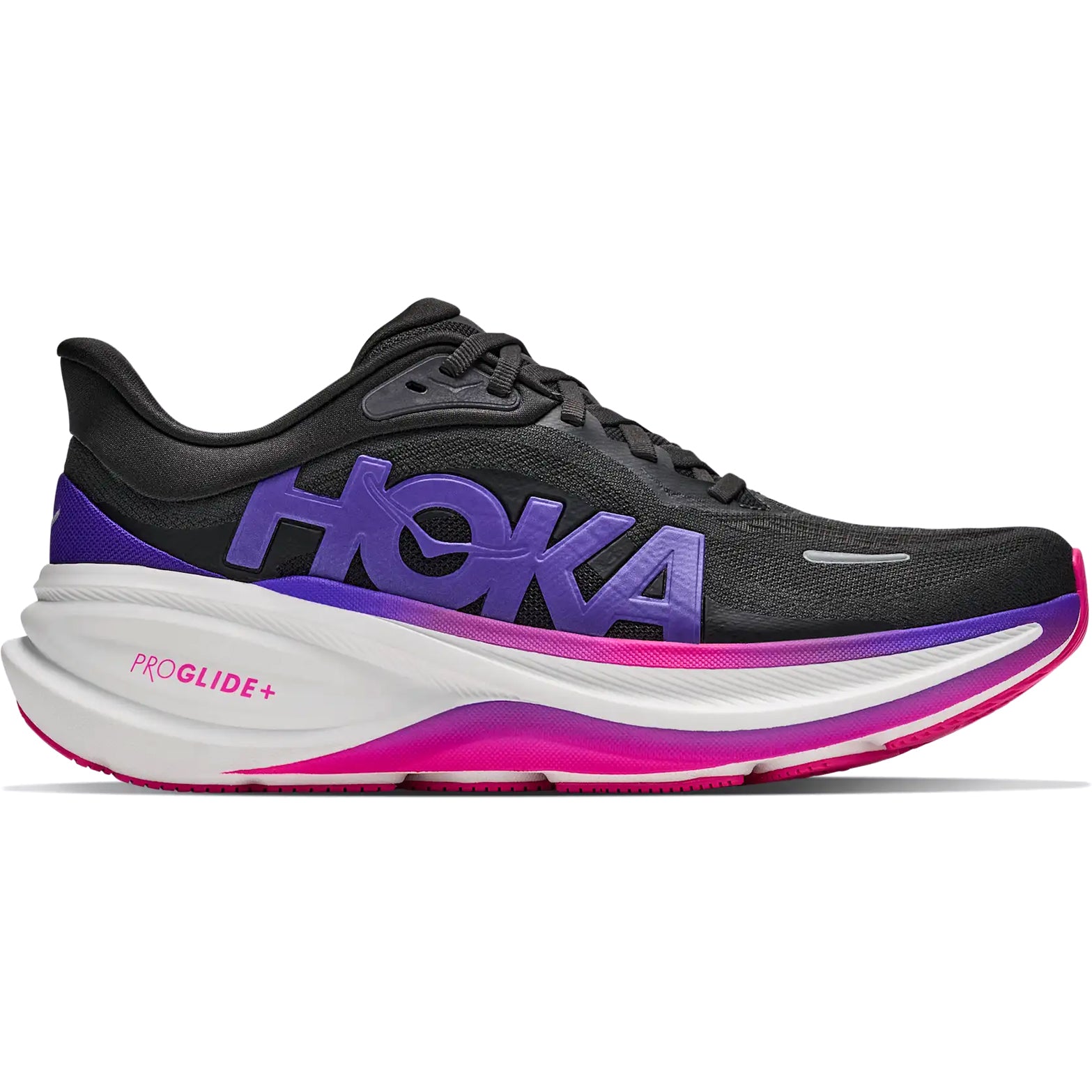 Introducing the Women’s Clifton Pro Running Shoes in Carbon Black / Cosmic Purple from Hoka. This standout model showcases bold purple HOKA lettering, a crisp white midsole, and vibrant pink accents—including the signature PROGLIDE+ text and outsole. With its sleek, aerodynamic silhouette, the Clifton Pro exemplifies the advanced engineering hallmark of the PROGLIDE+ series.