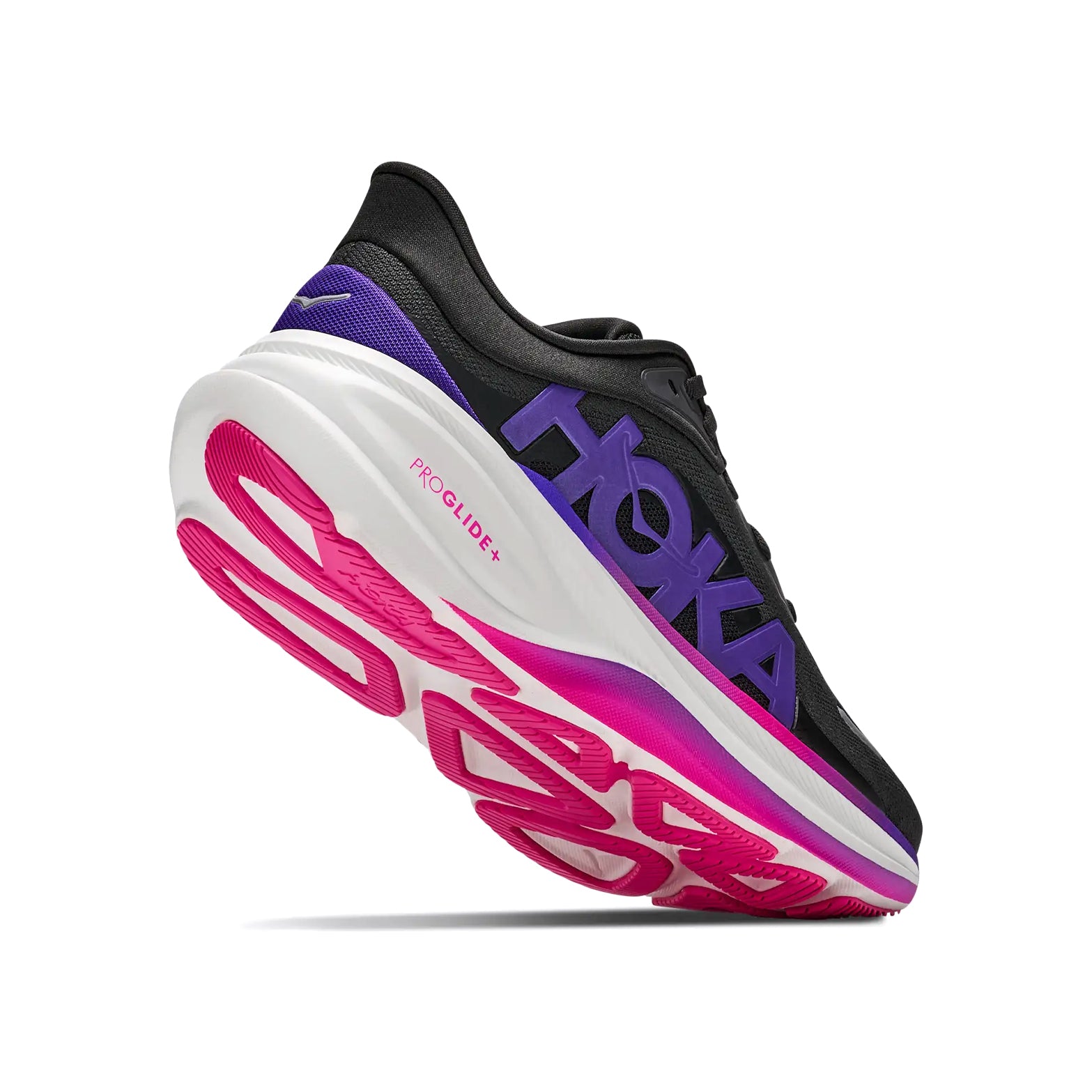 The Women’s Clifton Pro Running Shoes by HOKA, shown here in Carbon Black and Cosmic Purple, are highlighted from a low rear angle to showcase the white sole with pink accents and the PROGLIDE+ label on the midsole—signifying their place in HOKA’s advanced PROGLIDE+ series.