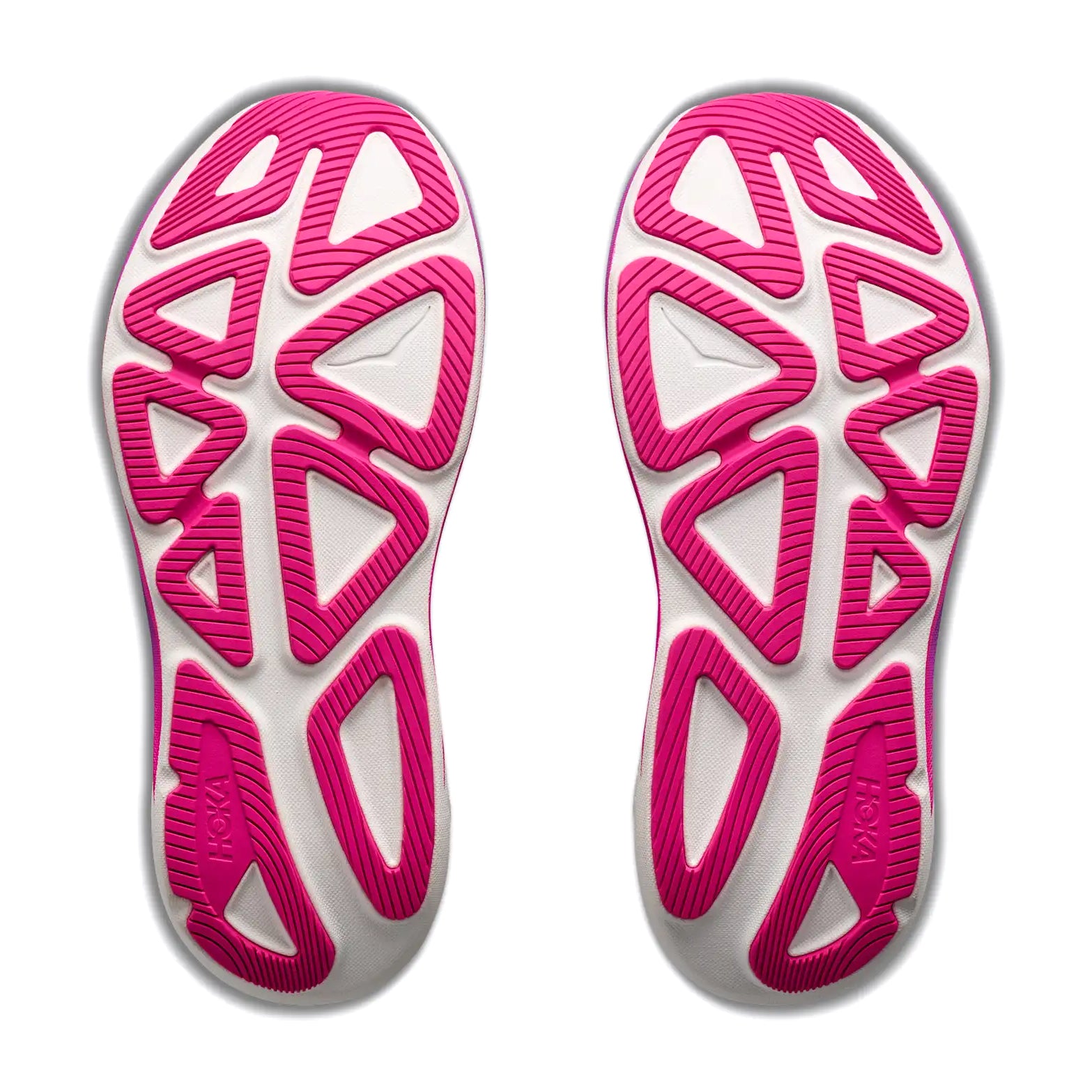 Two sneaker soles facing up, featuring a white base with vibrant pink geometric patterns and textured tread areas for enhanced grip. The shoes are symmetrical and display the Hoka brand name on the heel area of each sole, exemplifying the innovative design elements found in the Women’s Clifton Pro Running Shoes in Carbon Black / Cosmic Purple from Hoka’s PROGLIDE+ series.