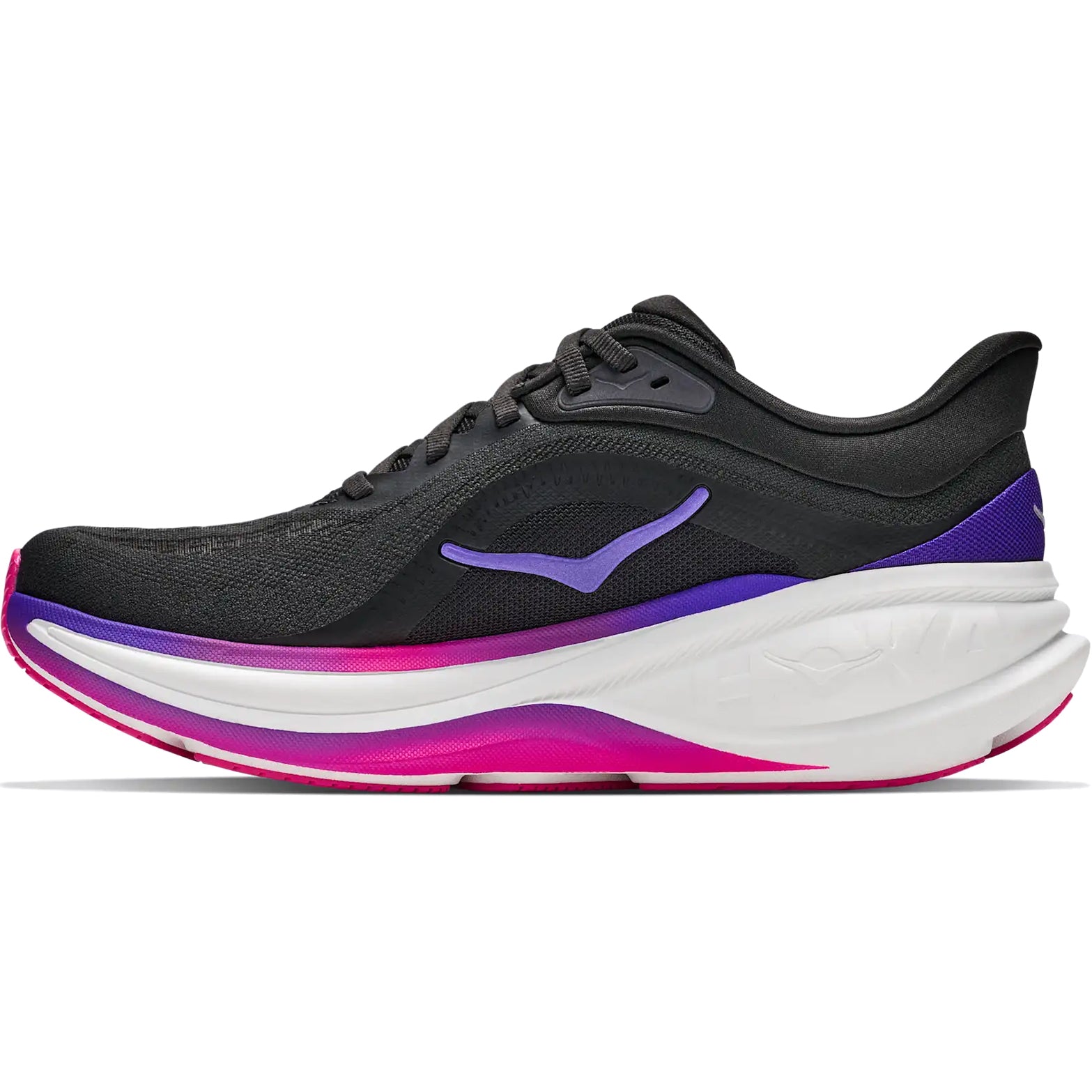 A side view of the Hoka Women’s Clifton Pro Running Shoes in Carbon Black and Cosmic Purple, featuring pink and purple accents, a thick white cushioned sole, and a sleek PROGLIDE+ series design, displayed on a white background.