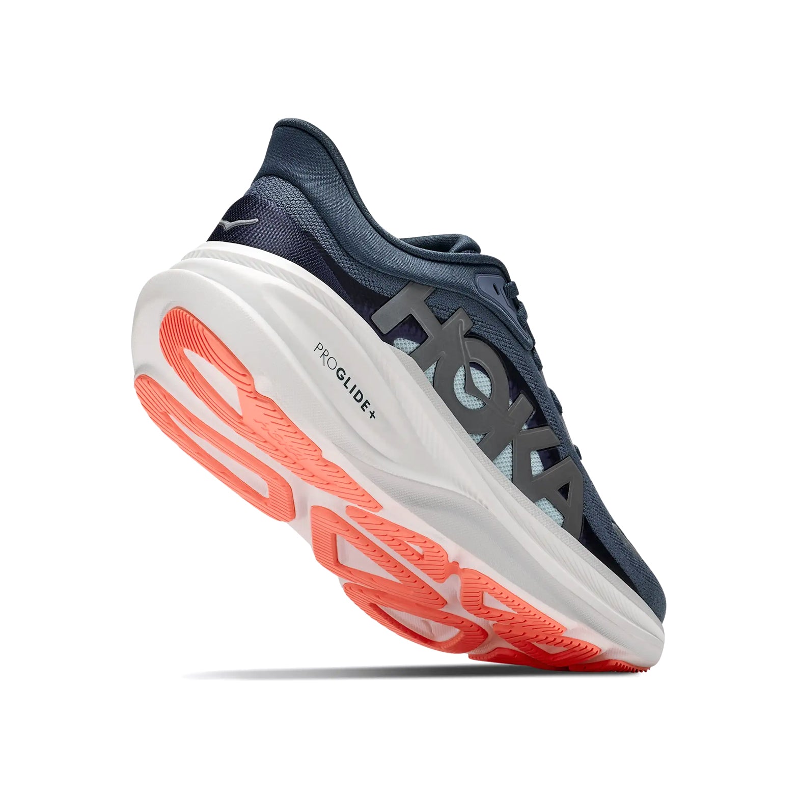 Women's HOKA Clifton Pro Running Shoes Faded Navy Glimmering Blue angled side and heel view showing PROGLIDE+ series SCF foam with aggressive MetaRocker geometry and podular outsole for smooth lively daily road running