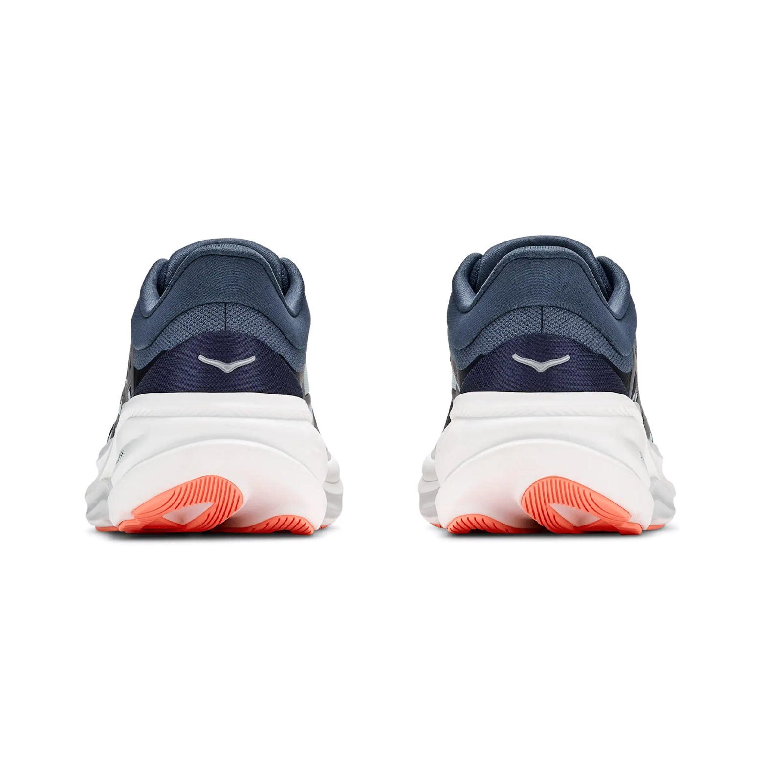 Women's HOKA Clifton Pro Running Shoes Faded Navy Glimmering Blue heel view showing SCF foam with aggressive MetaRocker and super abrasion rubber heel for lively cushioned daily running