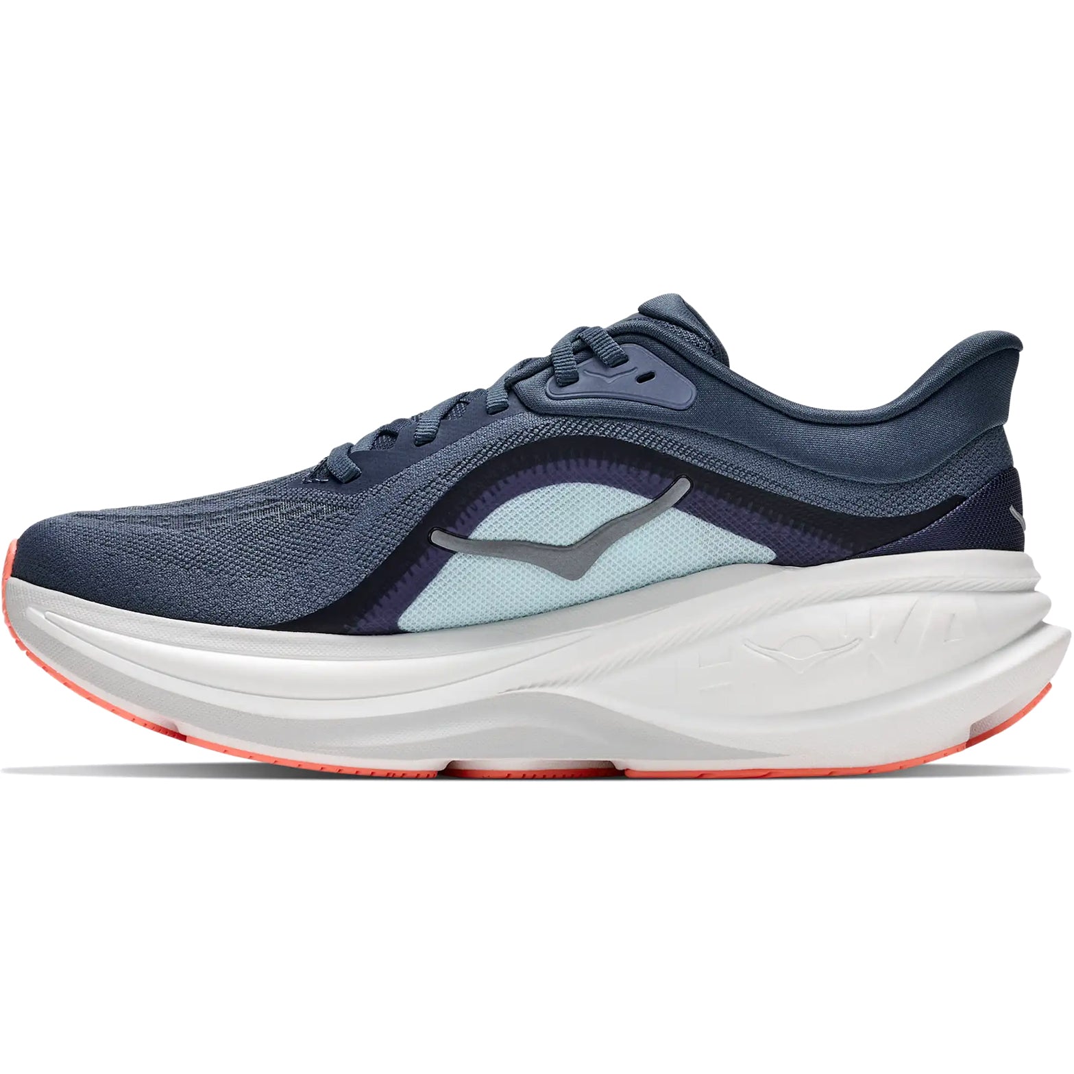 Women's HOKA Clifton Pro Running Shoes Faded Navy Glimmering Blue inner side view showing SCF foam midsole with updated rocker profile for smooth effortless daily training transitions