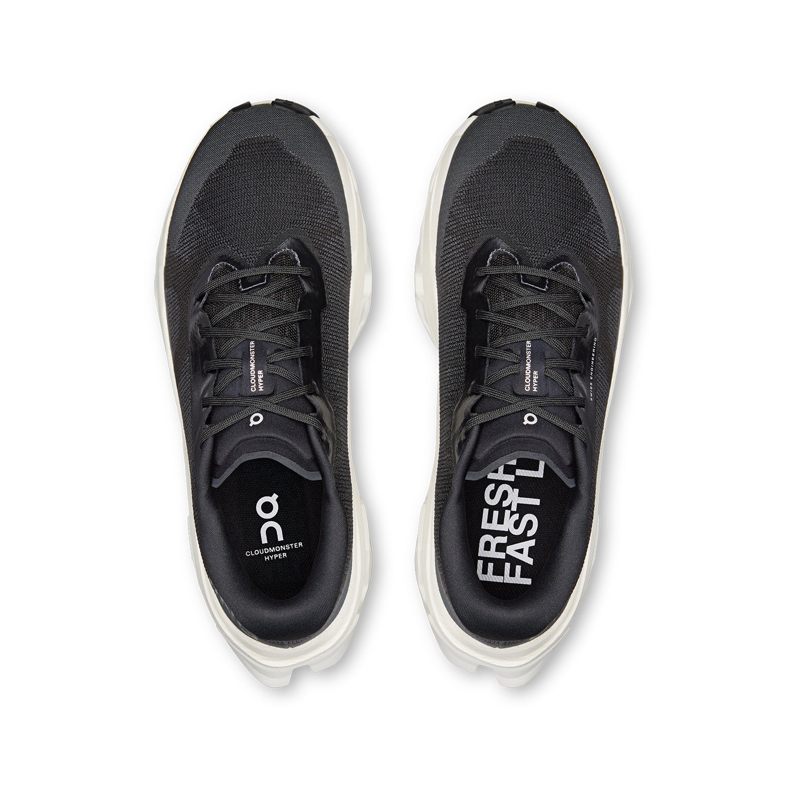 Women's On Cloudmonster 3 Hyper Running Shoes Black Ivory top view showing engineered mesh upper with breathability and soft internal lining