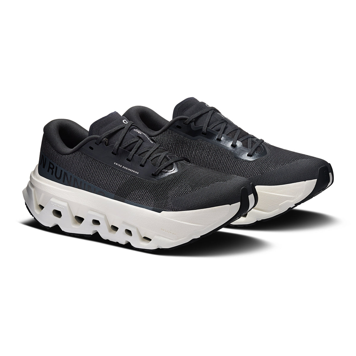Women's On Cloudmonster 3 Hyper Running Shoes Black Ivory angled side view showing dual-layer CloudTec cushioning, enhanced rocker geometry and plateless design