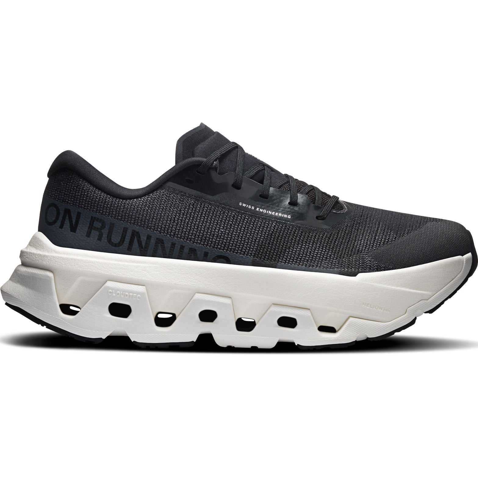 Women's On Cloudmonster 3 Hyper Running Shoes Black Ivory outer side view showing dual-layer CloudTec cushioning with Helion HF hyper foam and enhanced rocker shape