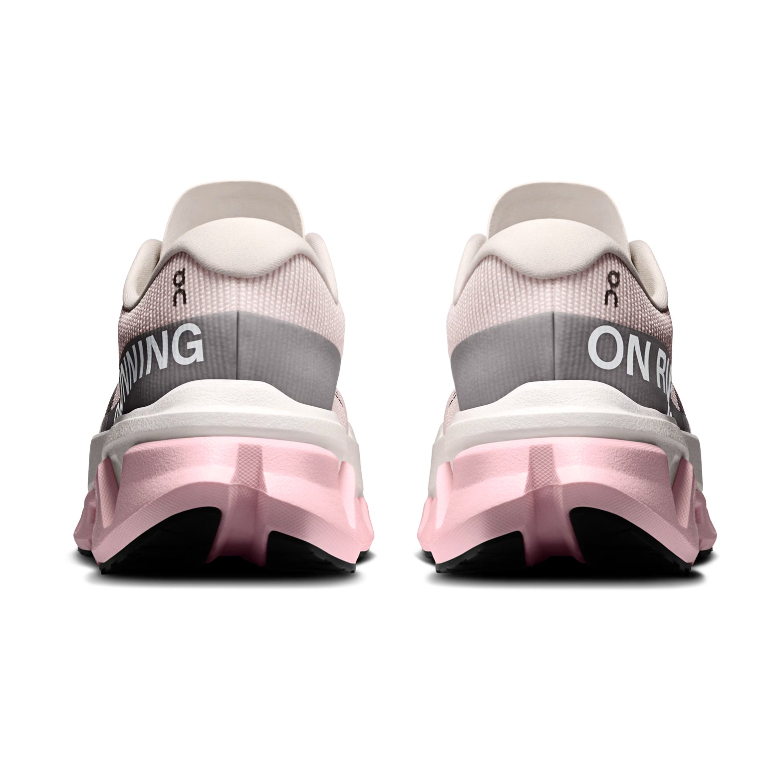 On Cloudmonster 3 Hyper women's running shoe in Ivory / Peony — heel view showing enhanced rocker heel geometry, padded collar and peony triple-layer CloudTec® midsole contrast