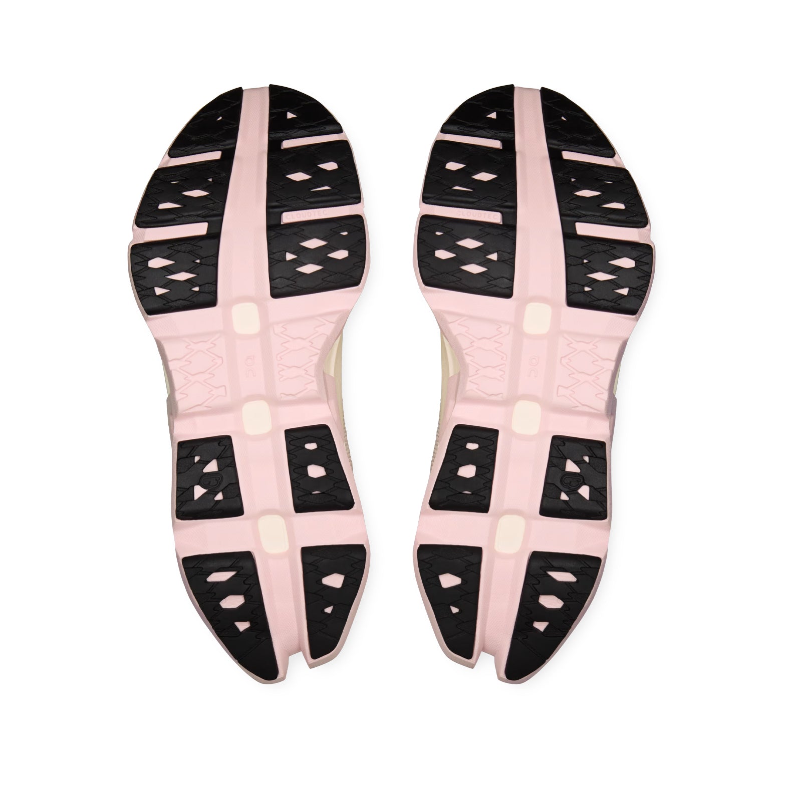 On Cloudmonster 3 Hyper women's running shoe in Ivory / Peony — outsole view showing compressed rubber tread pattern and peony triple-layer CloudTec® Helion™ foam midsole stack