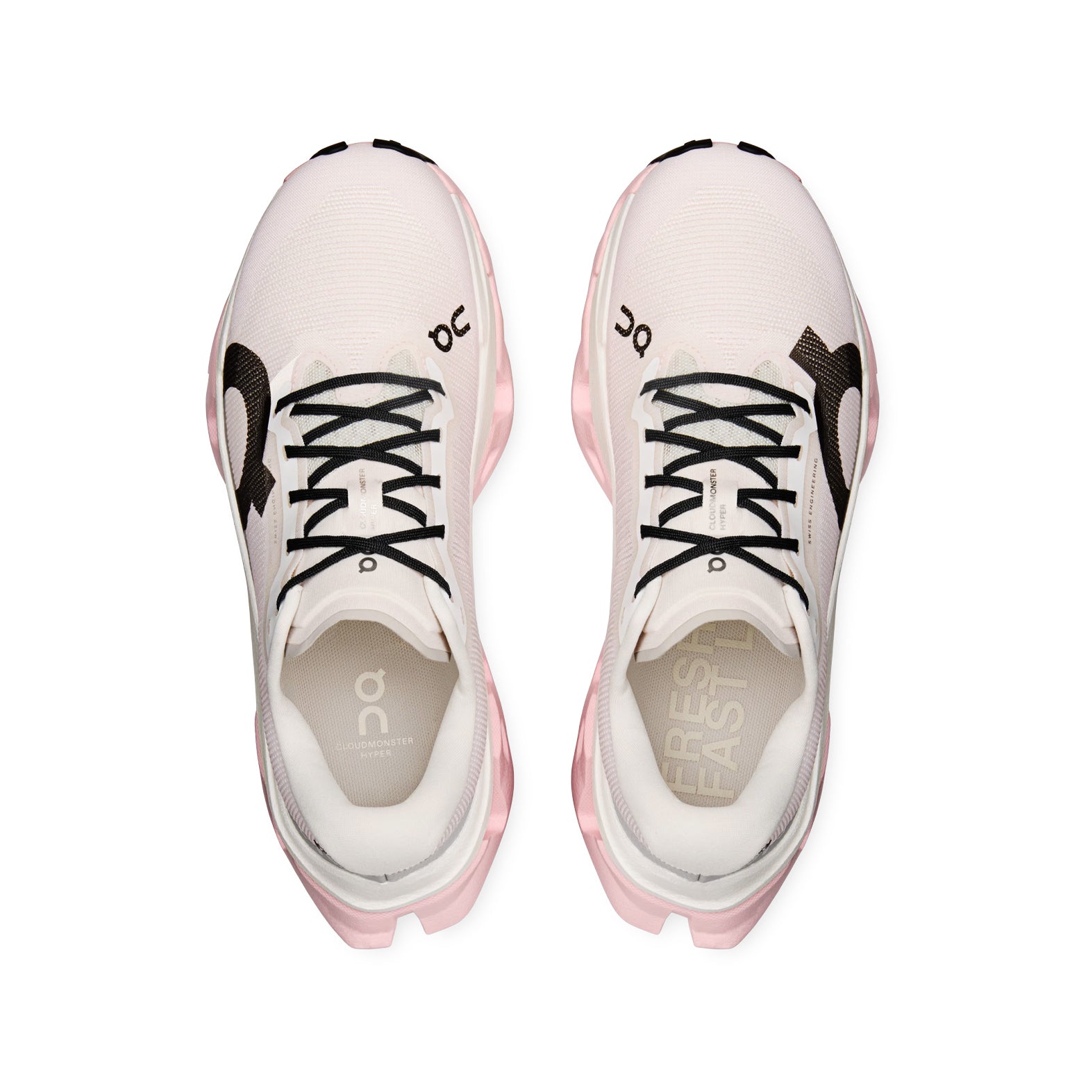 On Cloudmonster 3 Hyper women's running shoe in Ivory / Peony — top-down view showing ivory upper with breathability zones, enhanced tongue construction and lace closure with peony detailing
