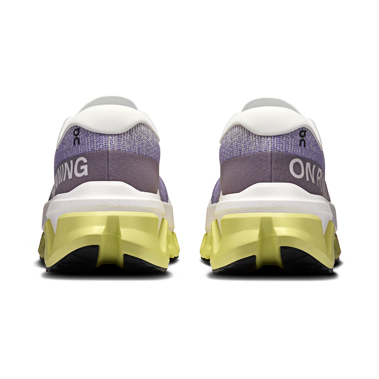 Women's On Cloudmonster 3 Hyper Running Shoes Lily Limelight heel view showing re-engineered heel construction and dual-layer Helion foam stack