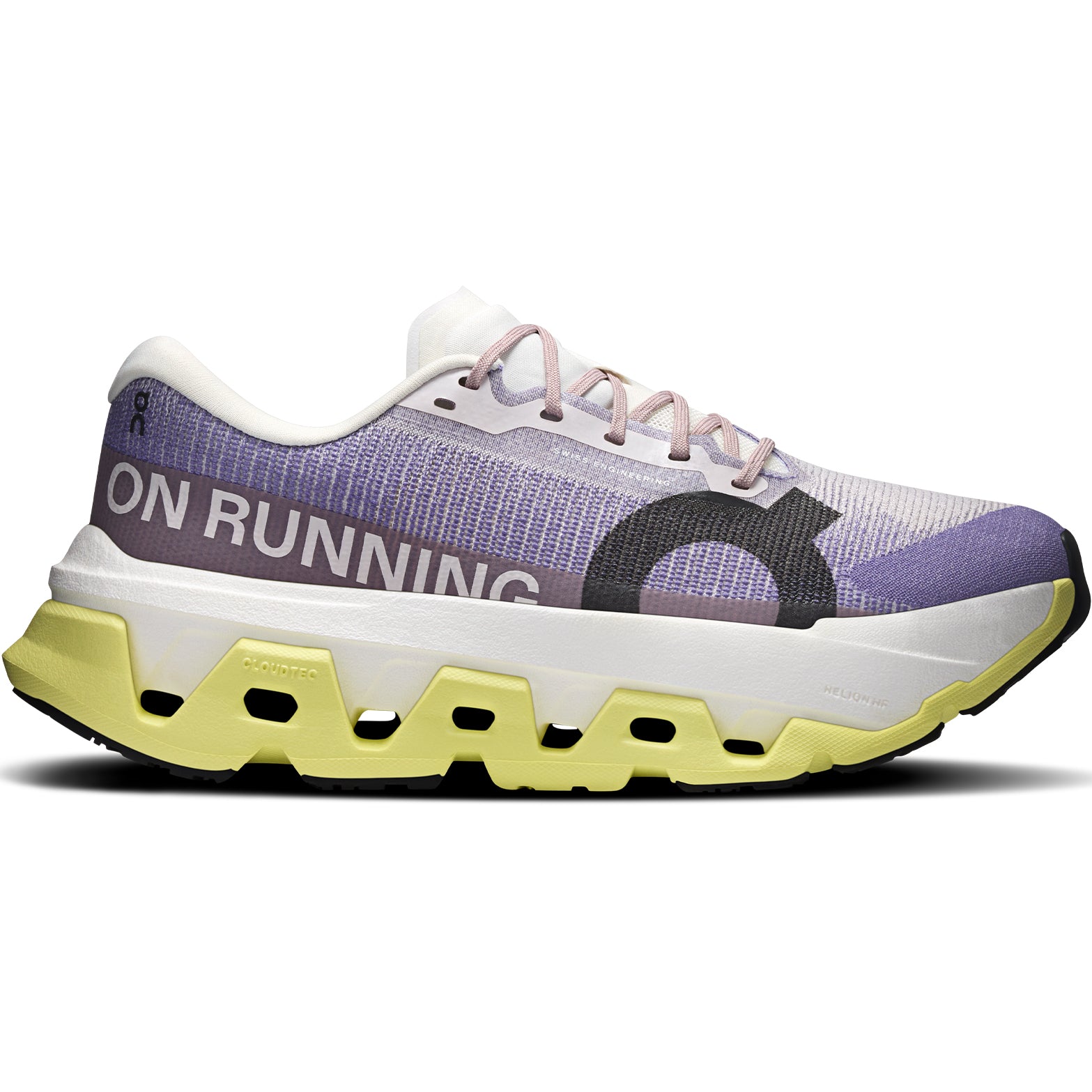 Women's On Cloudmonster 3 Hyper Running Shoes Lily Limelight outer side view showing dual-layer CloudTec cushioning with Helion HF hyper foam and enhanced rocker shape