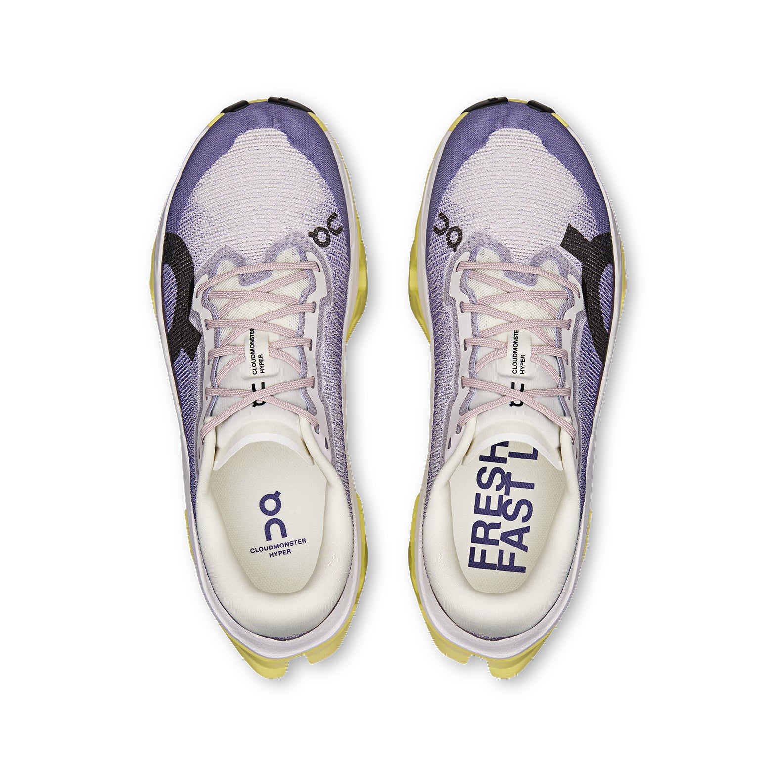 Women's On Cloudmonster 3 Hyper Running Shoes Lily Limelight top view showing engineered mesh upper with breathability and soft internal lining