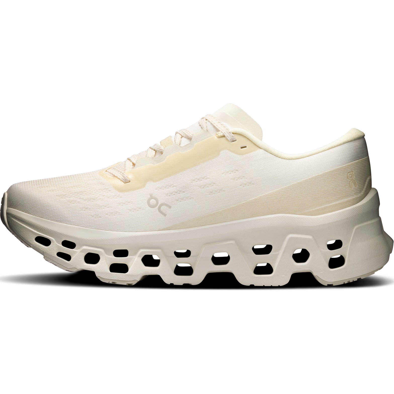 Women's On Cloudmonster 3 LN1 Running Shoes Ivory Ray inner side view showing CloudTec technology with Speedboard propulsion and Helion foam for everyday training