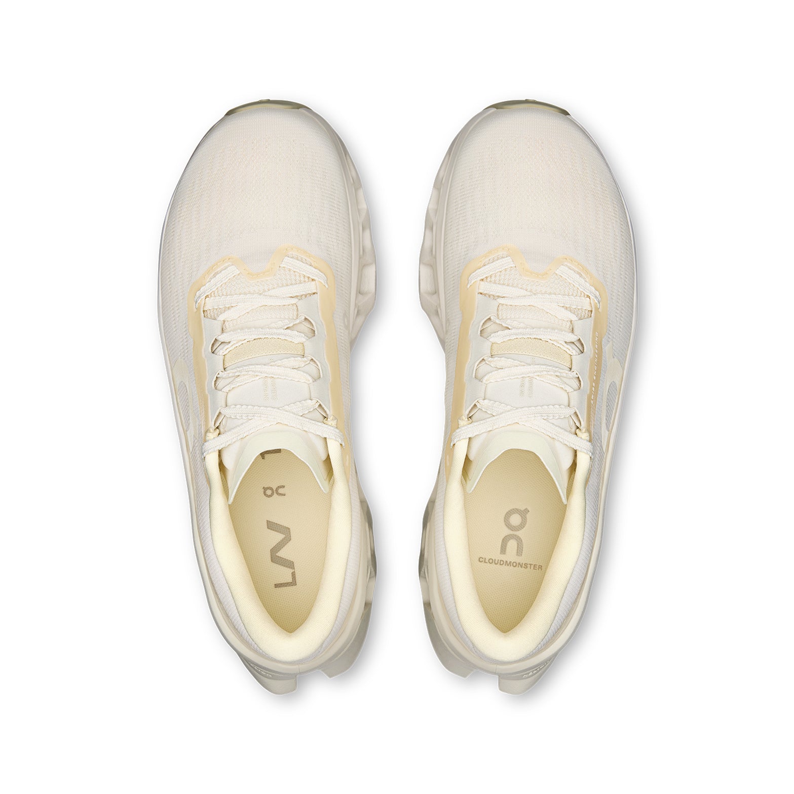 Women's On Cloudmonster 3 LN1 Running Shoes Ivory Ray top view showing engineered knit upper with Lane 1 edition design for comfortable daily running