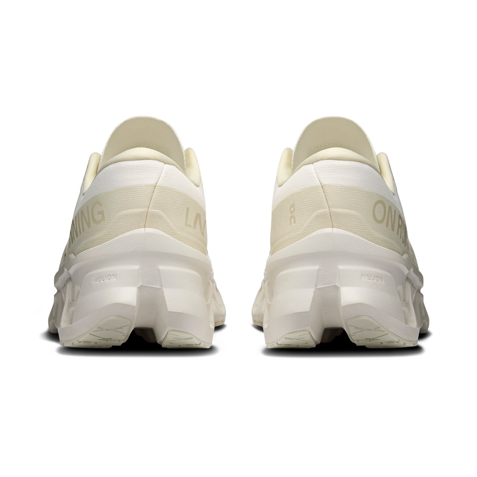 Women's On Cloudmonster 3 LN1 Running Shoes Ivory Ray heel view showing maximum triple-layer CloudTec cushioning stack with carbon-infused Speedboard and enhanced rocker shape