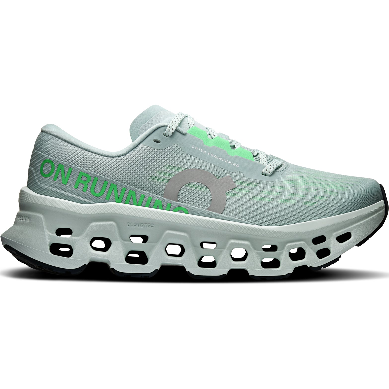 Women's On Cloudmonster 3 Running Shoes Brook Flurry outer side view showing triple-layer CloudTec cushioning with carbon-infused Speedboard for maximum cushioned daily running