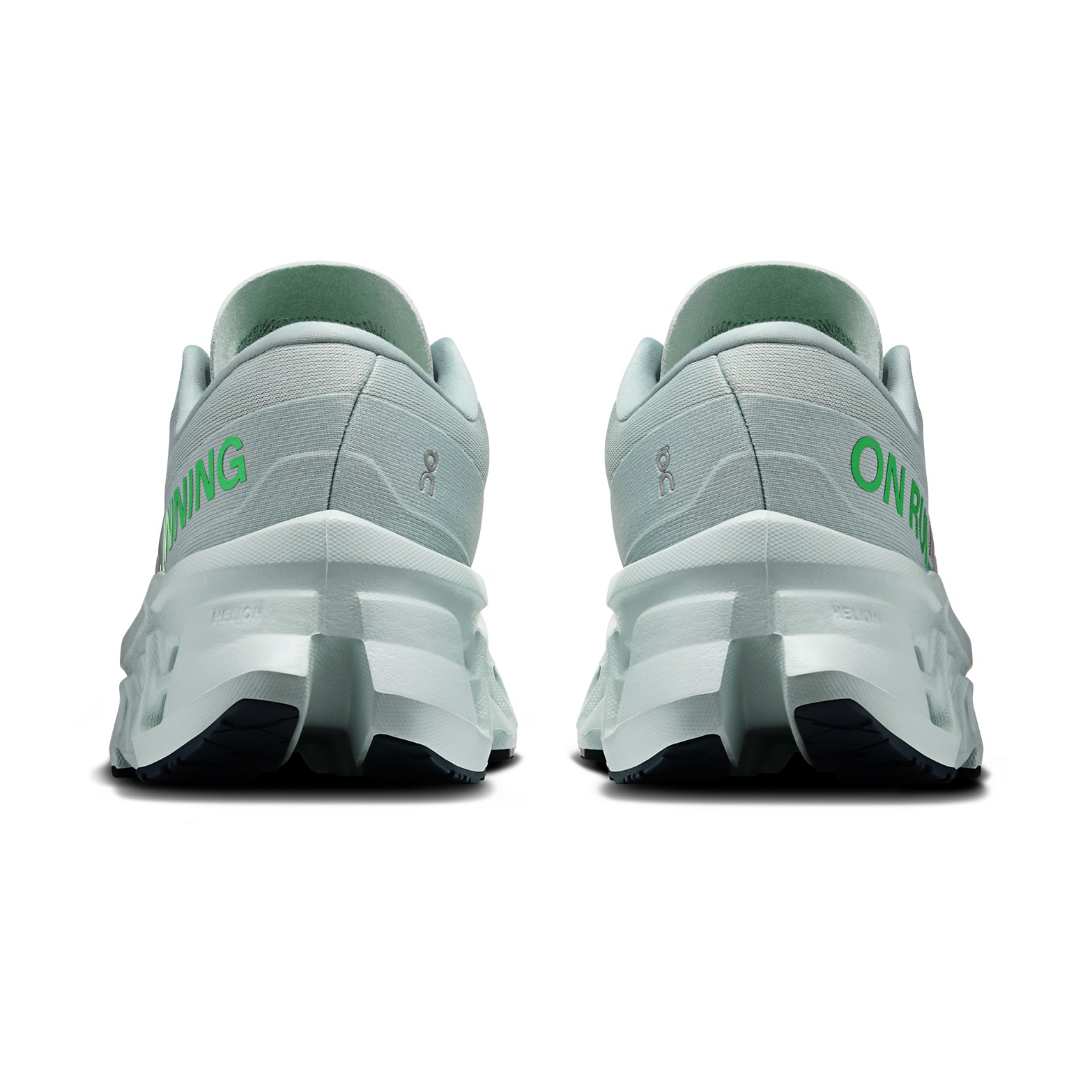 Women's On Cloudmonster 3 Running Shoes Brook Flurry heel view showing maximum triple-layer CloudTec cushioning stack with carbon-infused Speedboard and enhanced rocker shape
