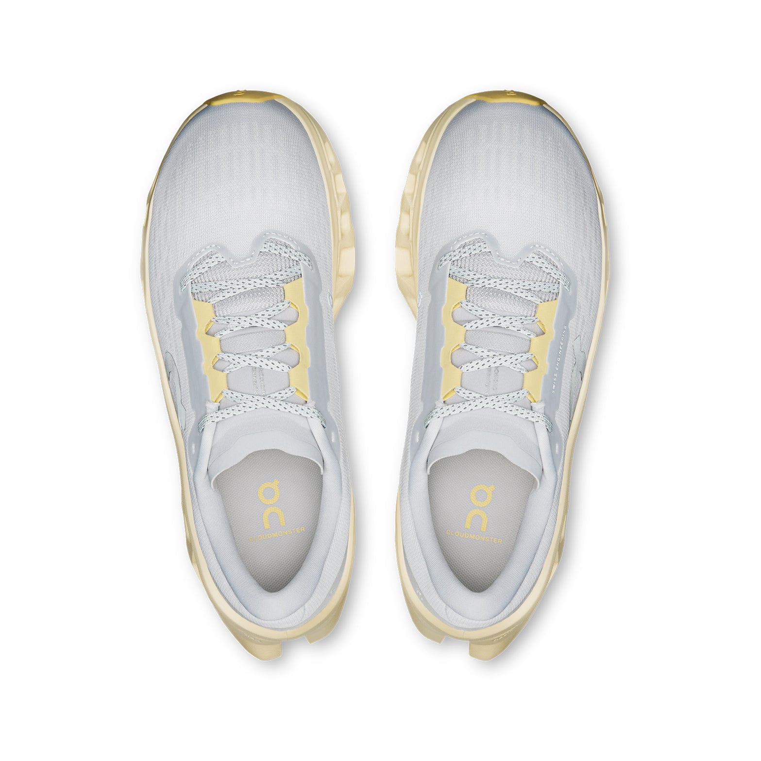 Women's On Cloudmonster 3 Running Shoes Glacier Pollen top view showing engineered knit upper with targeted breathability zones for comfortable secure fit during daily road running